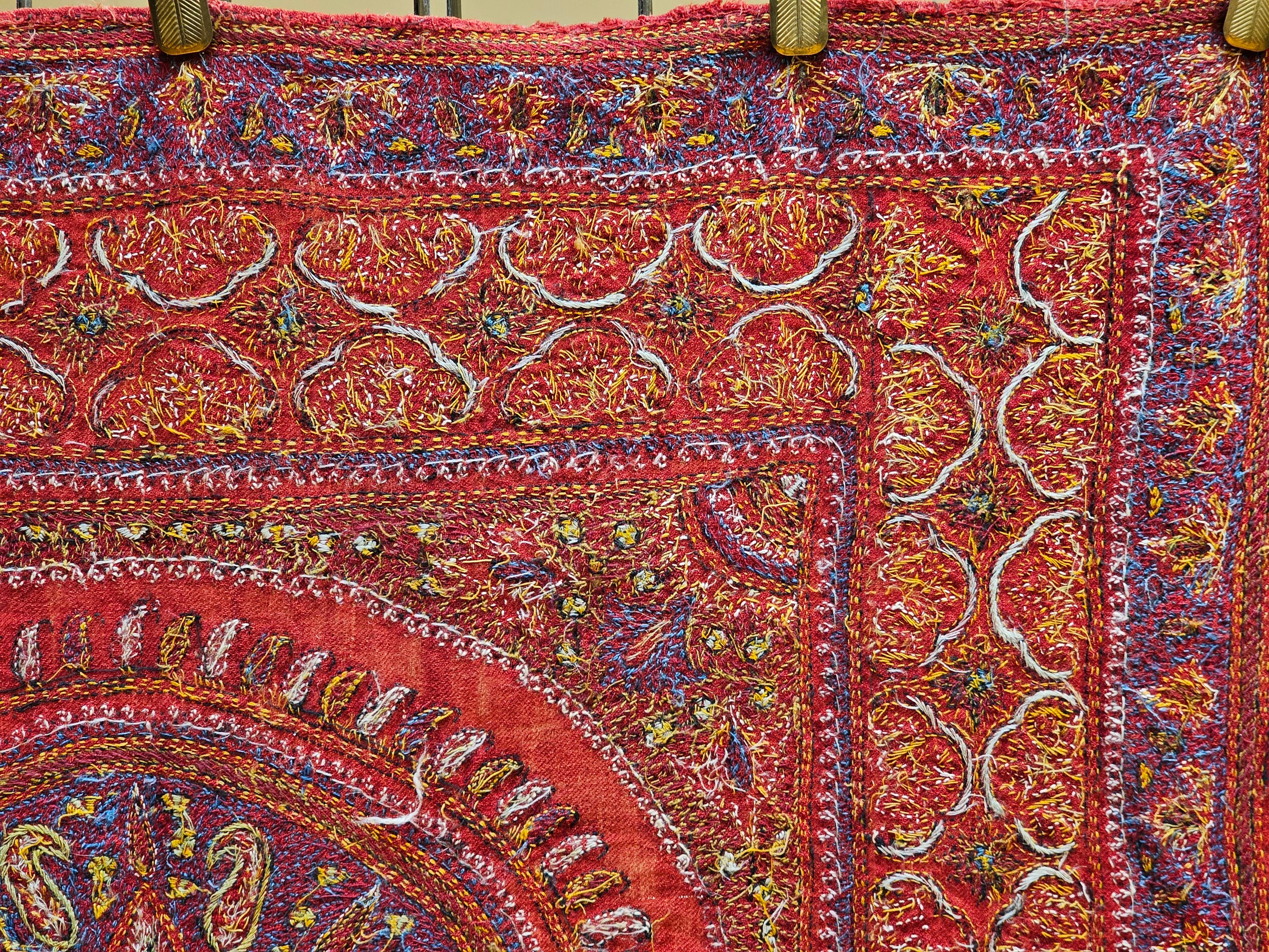 19th Century Persian Kerman Termeh Silk Embroidery Suzani in Red, Blue, Ivory For Sale 11