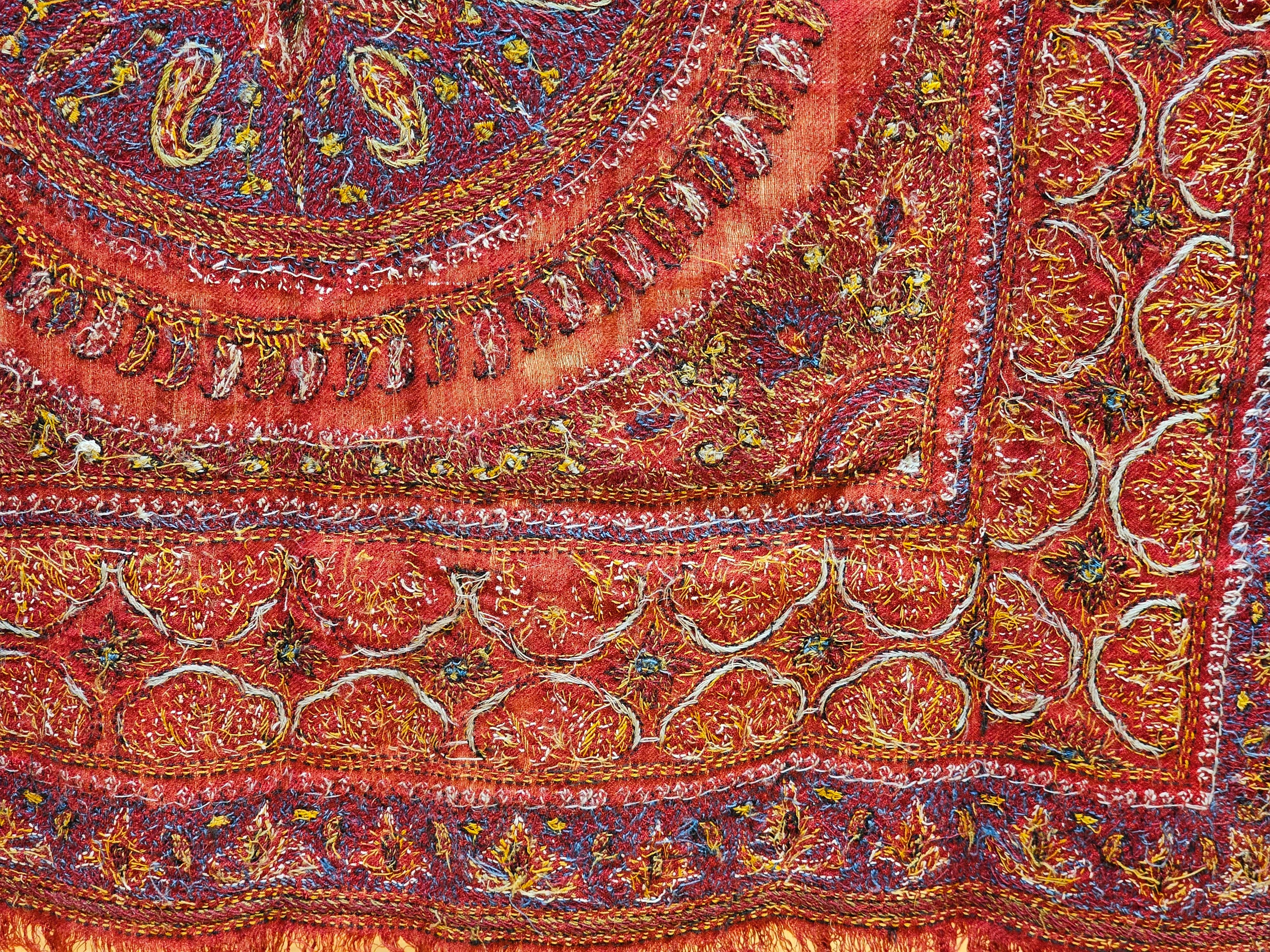 19th Century Persian Kerman Termeh Silk Embroidery Suzani in Red, Blue, Ivory For Sale 12