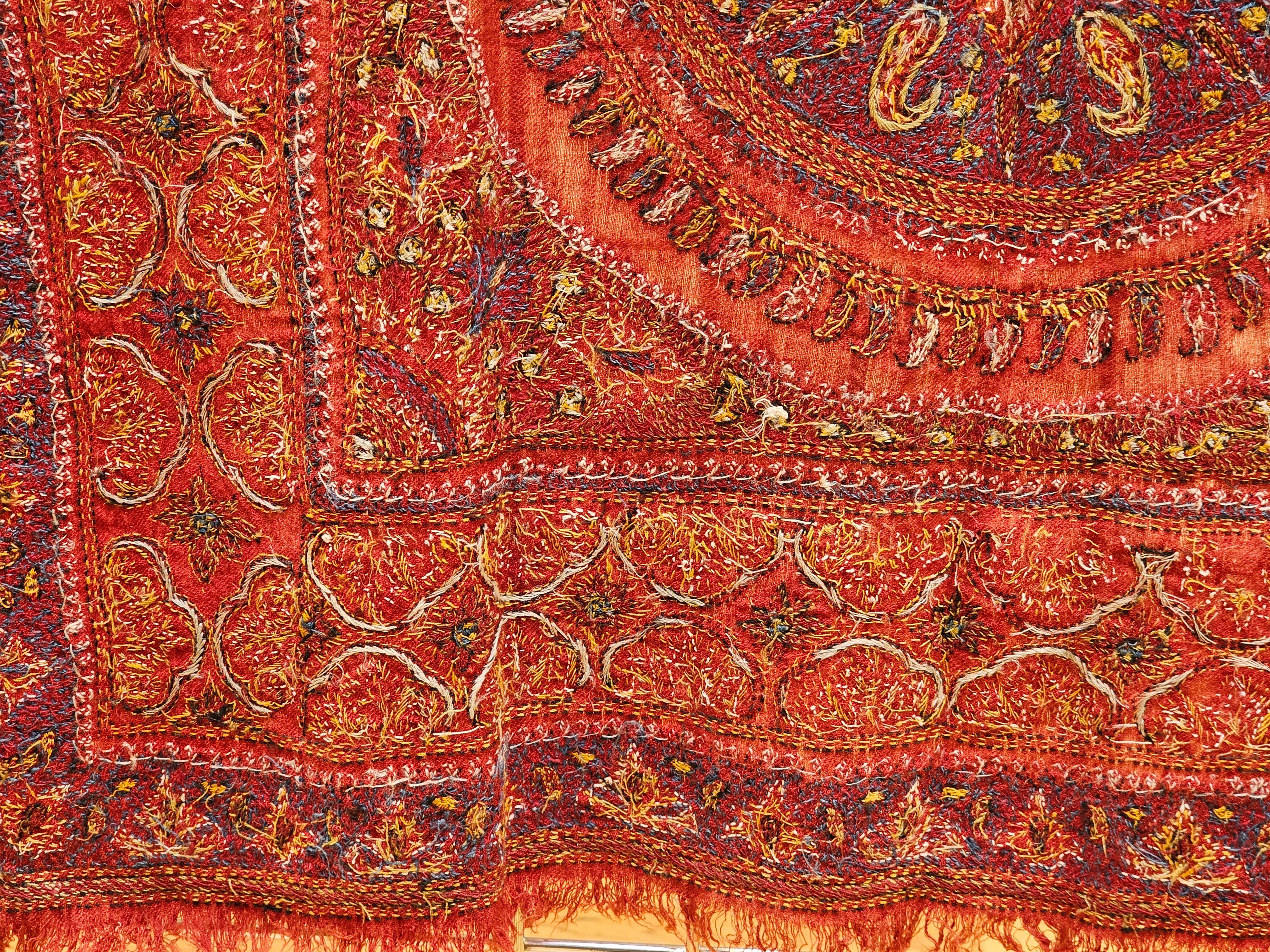 19th Century Persian Kerman Termeh Silk Embroidery Suzani in Red, Blue, Ivory For Sale 13