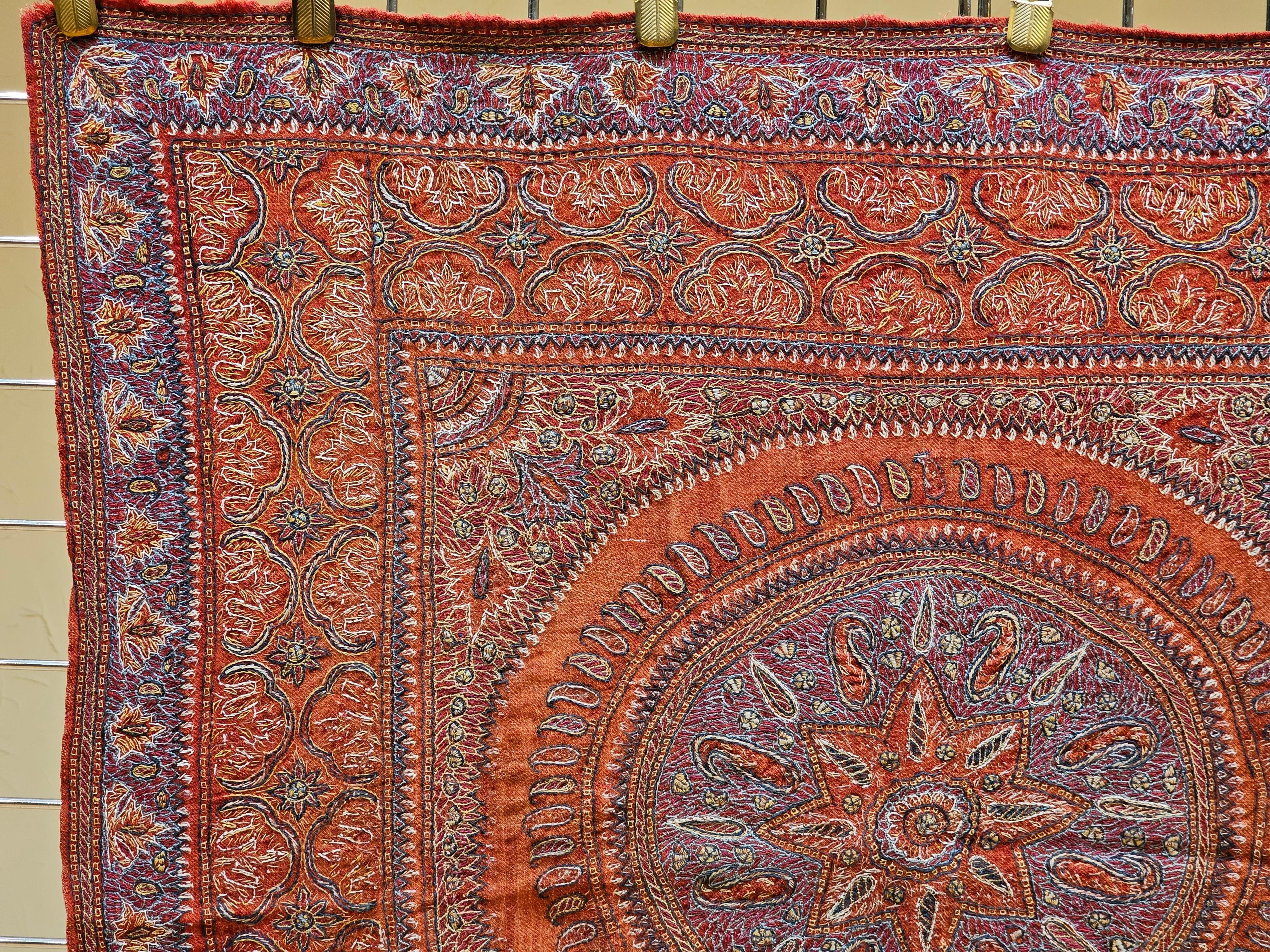 19th Century Persian Kerman Termeh Silk Embroidery Suzani in Red, Blue, Ivory For Sale 1