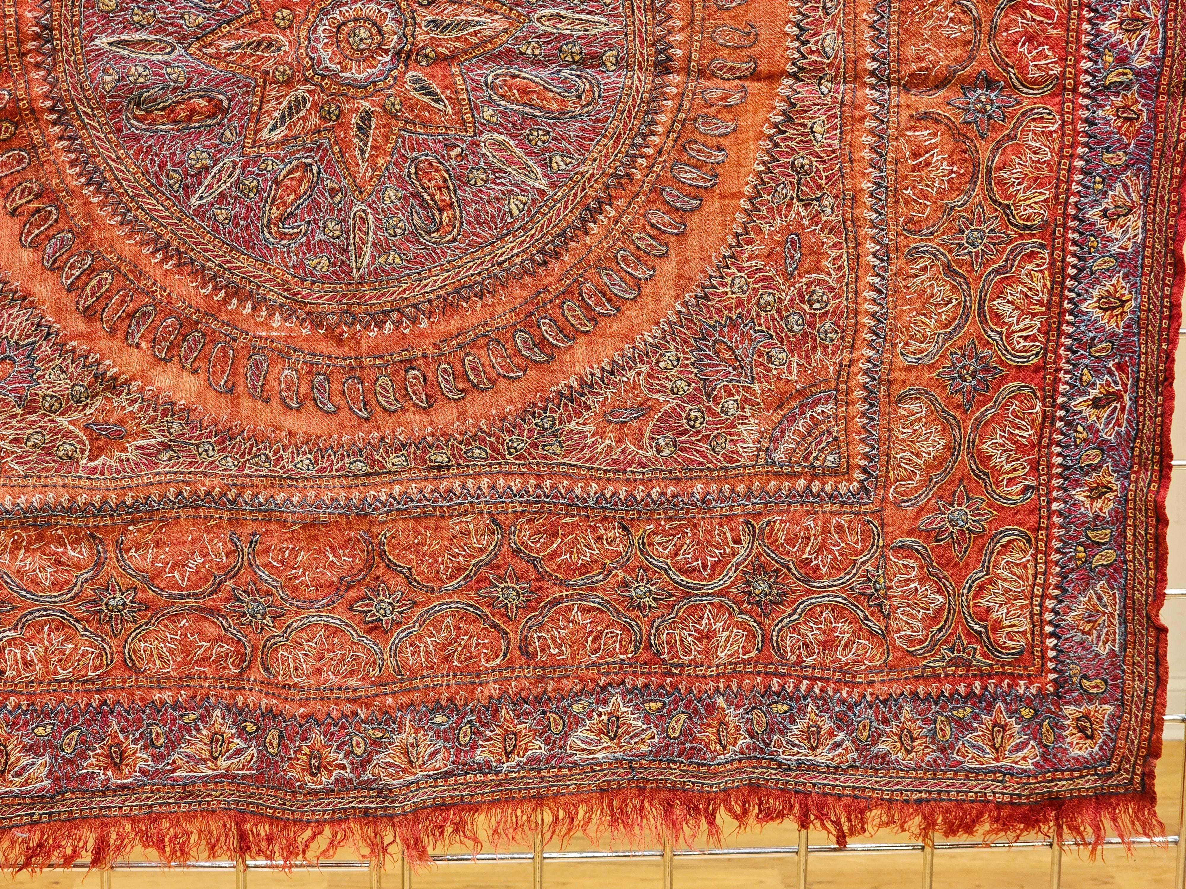 19th Century Persian Kerman Termeh Silk Embroidery Suzani in Red, Blue, Ivory For Sale 4