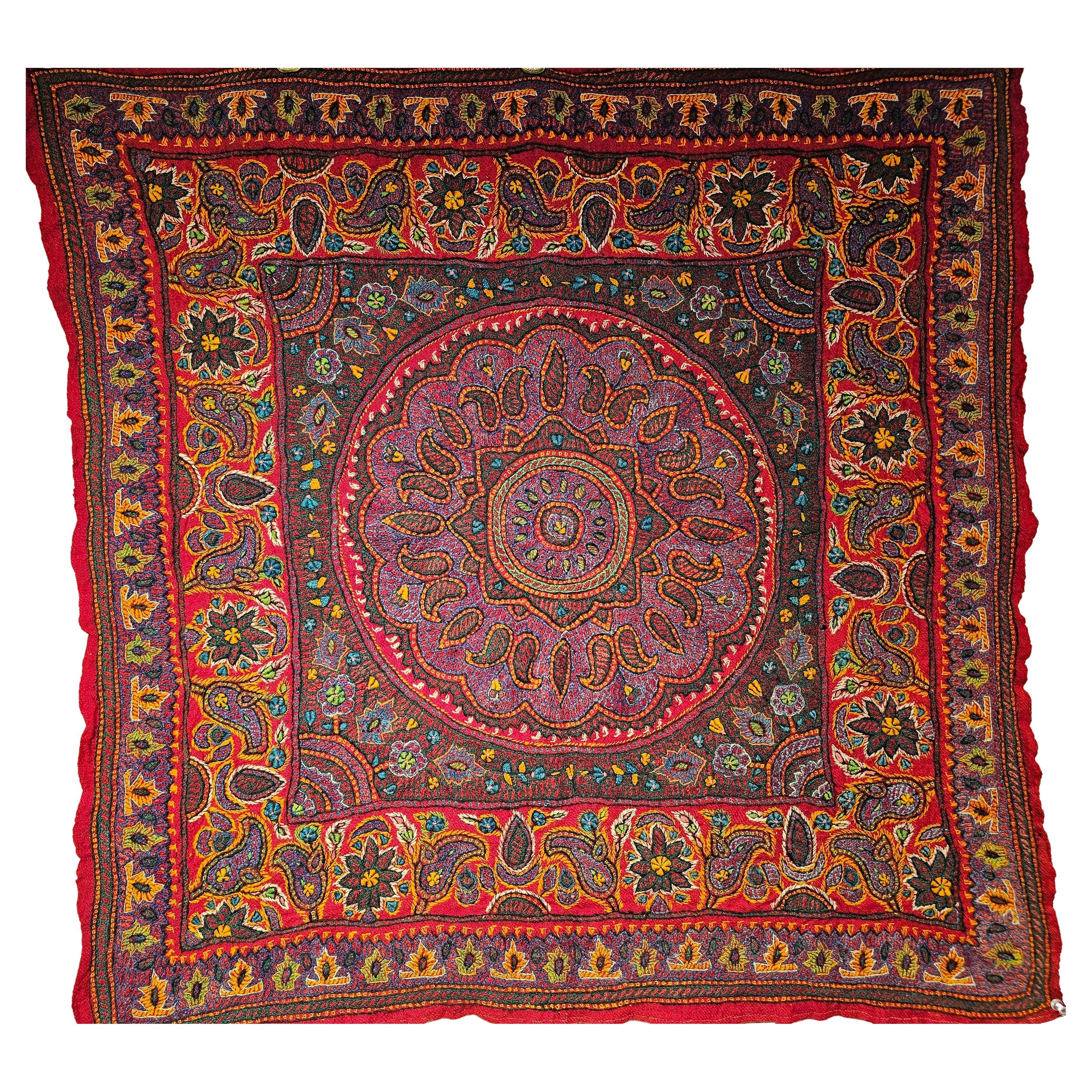 19th Century Persian Kerman Termeh Silk Embroidery Suzani – Red, Blue, Ivory For Sale