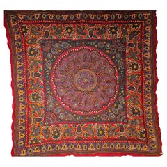 19th Century Persian Kerman Termeh Silk Embroidery Suzani – Red, Blue, Ivory