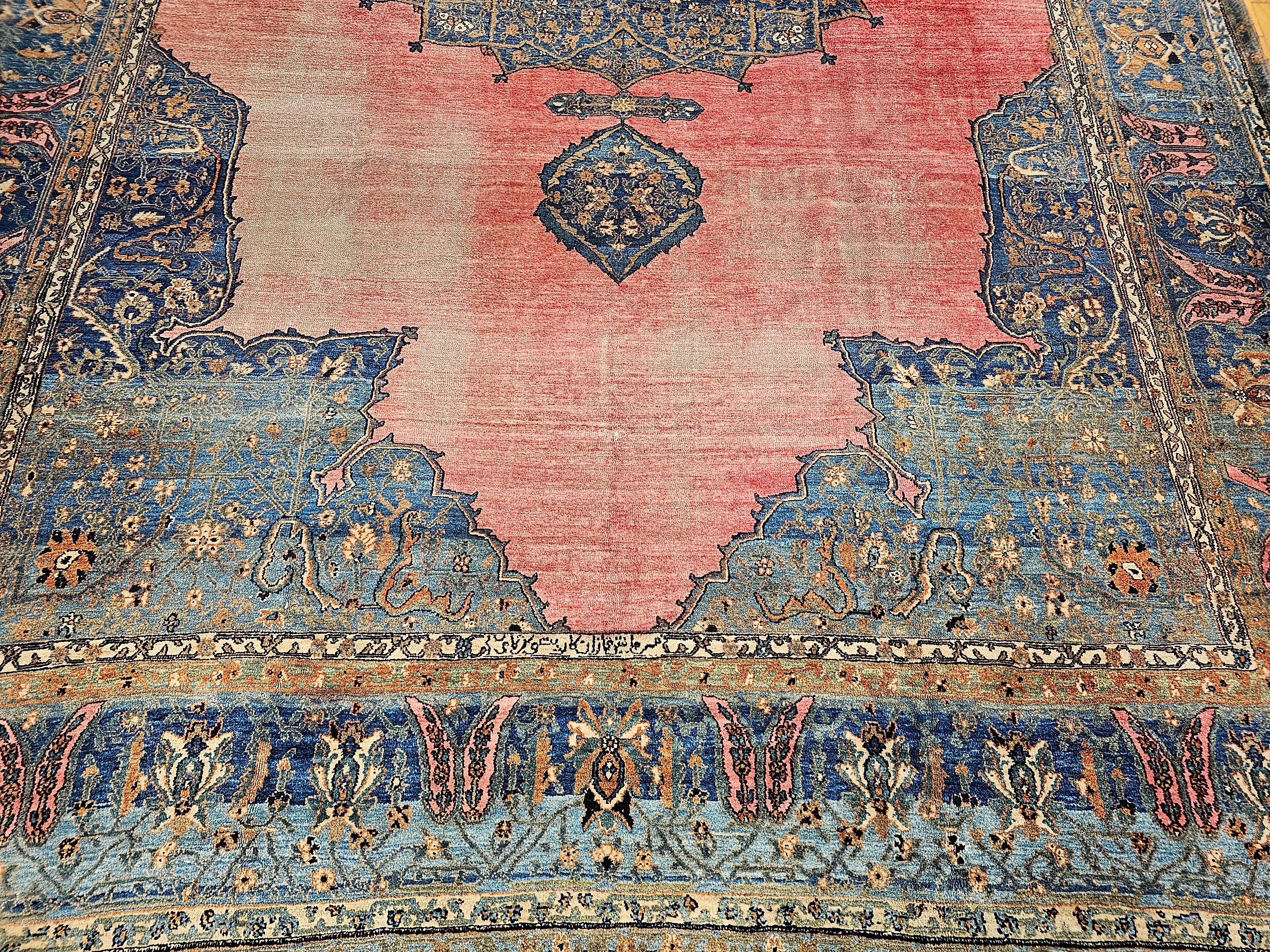 Vegetable Dyed 19th Century Persian Khorassan Rug in Open Field Floral Pattern in Crimson, Blue For Sale