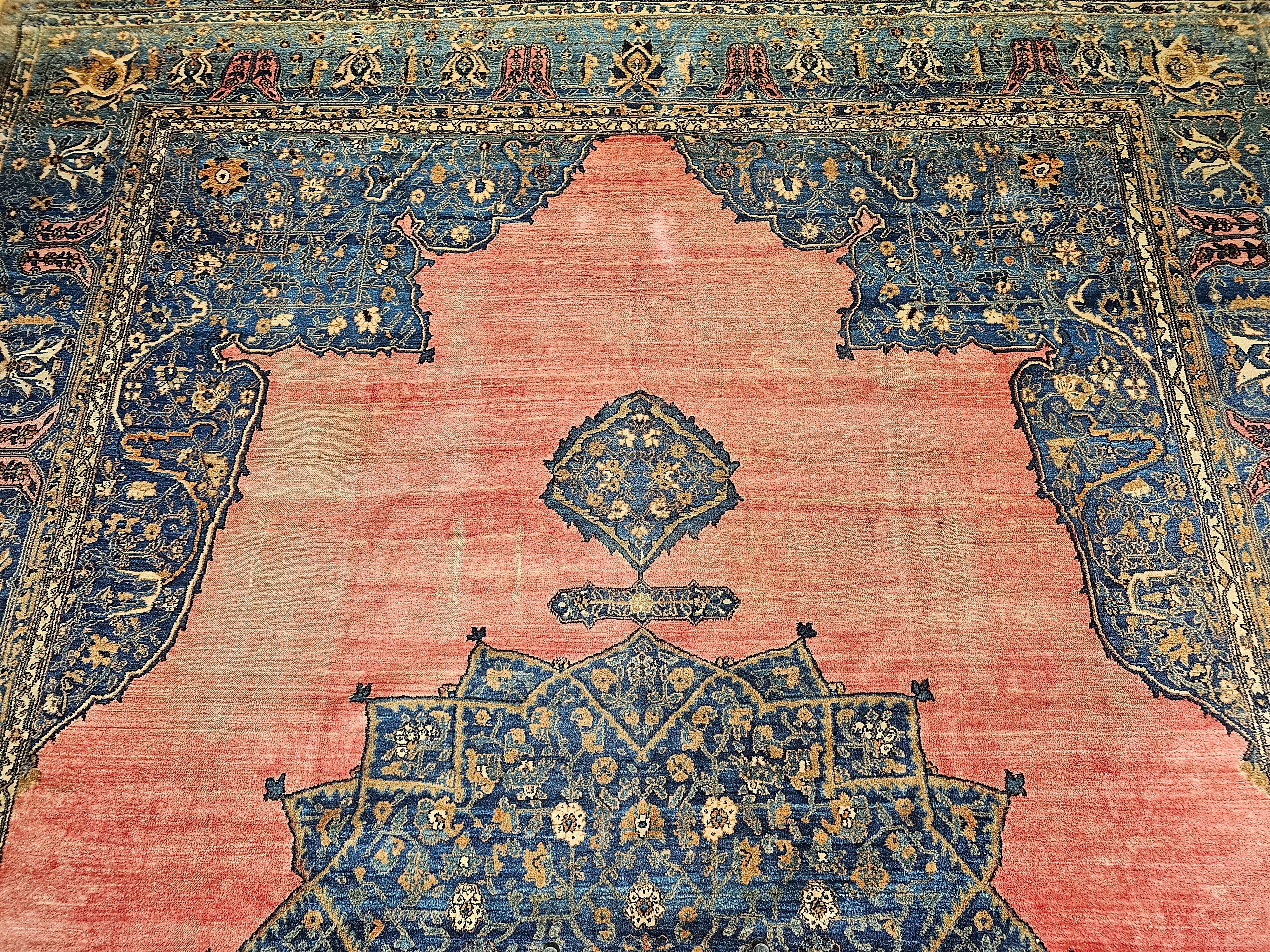 Wool 19th Century Persian Khorassan Rug in Open Field Floral Pattern in Crimson, Blue For Sale