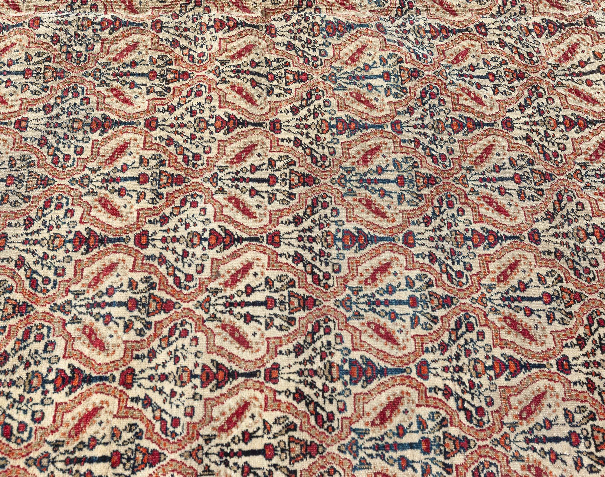 Hand-Woven 19th Century Persian Kirman Botanic Red, Green and Beige Handwoven Wool Rug For Sale