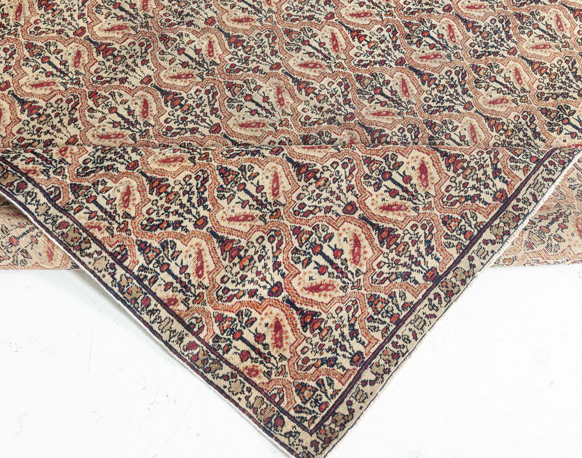 19th Century Persian Kirman Botanic Red, Green and Beige Handwoven Wool Rug For Sale 1