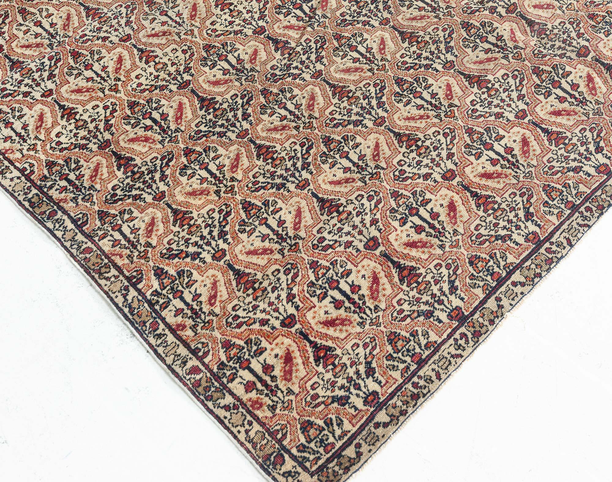 19th Century Persian Kirman Botanic Red, Green and Beige Handwoven Wool Rug For Sale 2