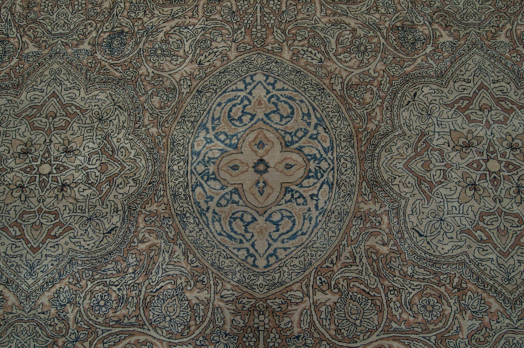 Authentic 19th Century Persian Kirman Bold Blue Brown Wool Rug
Size: 13'10