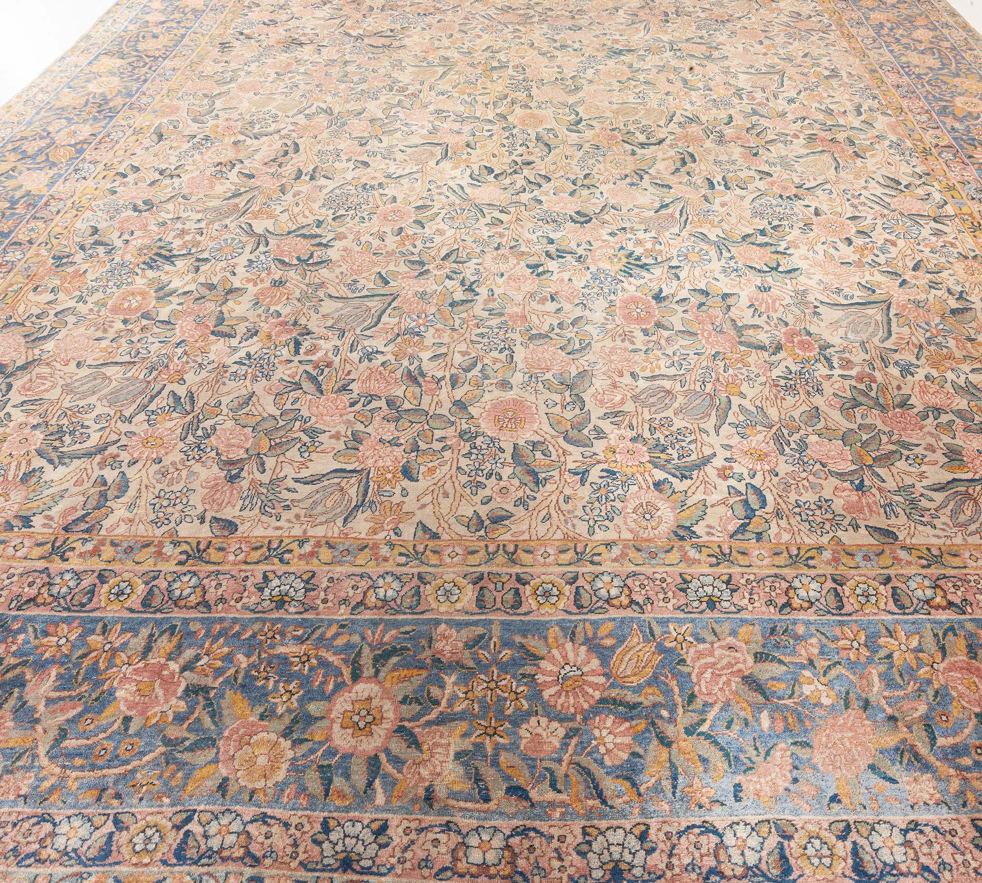 Wool 19th Century Persian Kirman Floral Handwoven Rug For Sale