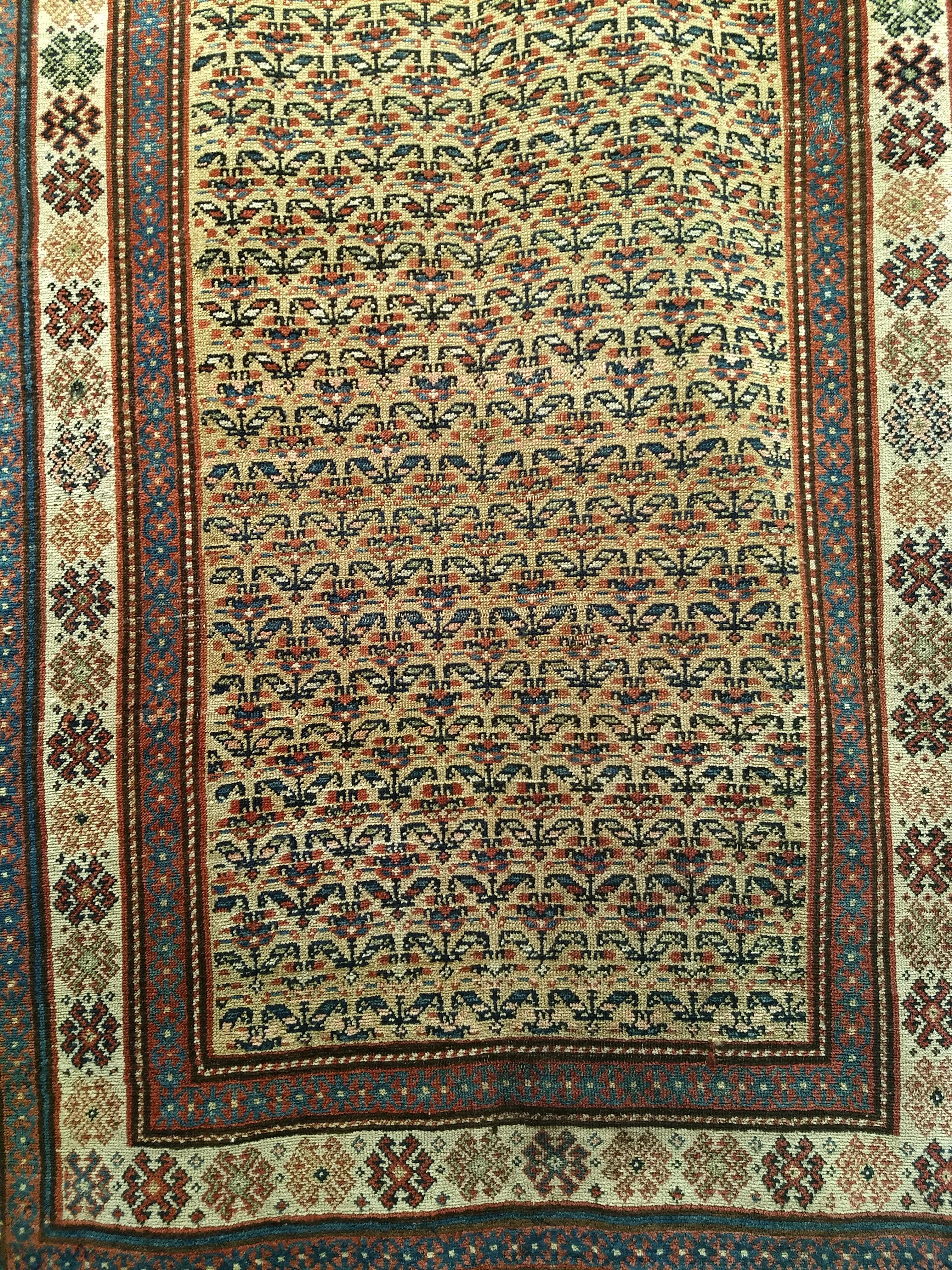 19th Century Persian Kurdish Bidjar in Allover Pattern in Pale Yellow, Ivory In Good Condition For Sale In Barrington, IL