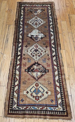 Antique Persian Kurdish Camel Hair Runner, Geometric Design, 1890s