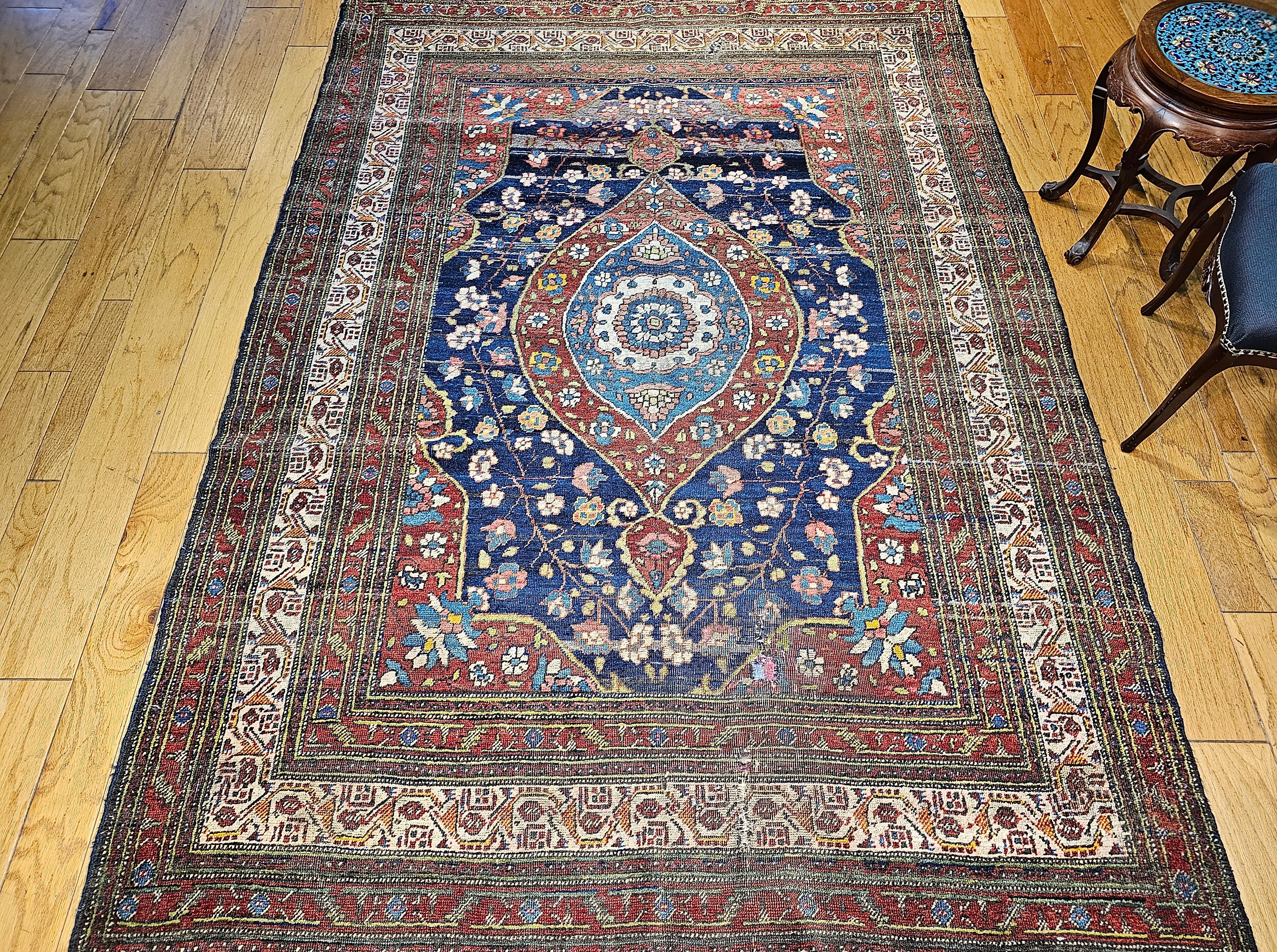 19th Century Persian Kurdish in Navy, French  Blue, Green, Yellow, Red, Pink For Sale 8