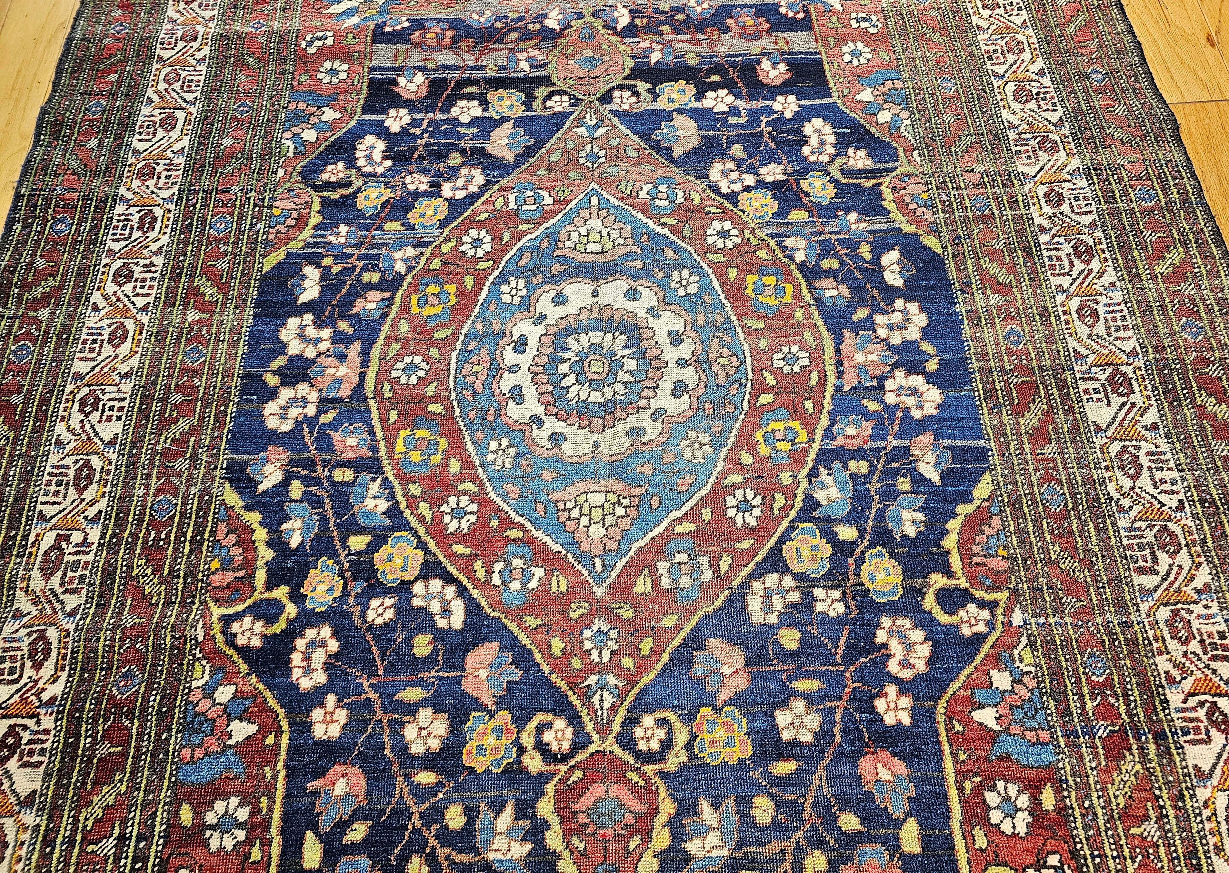 19th Century Persian Kurdish in Navy, French  Blue, Green, Yellow, Red, Pink In Good Condition For Sale In Barrington, IL