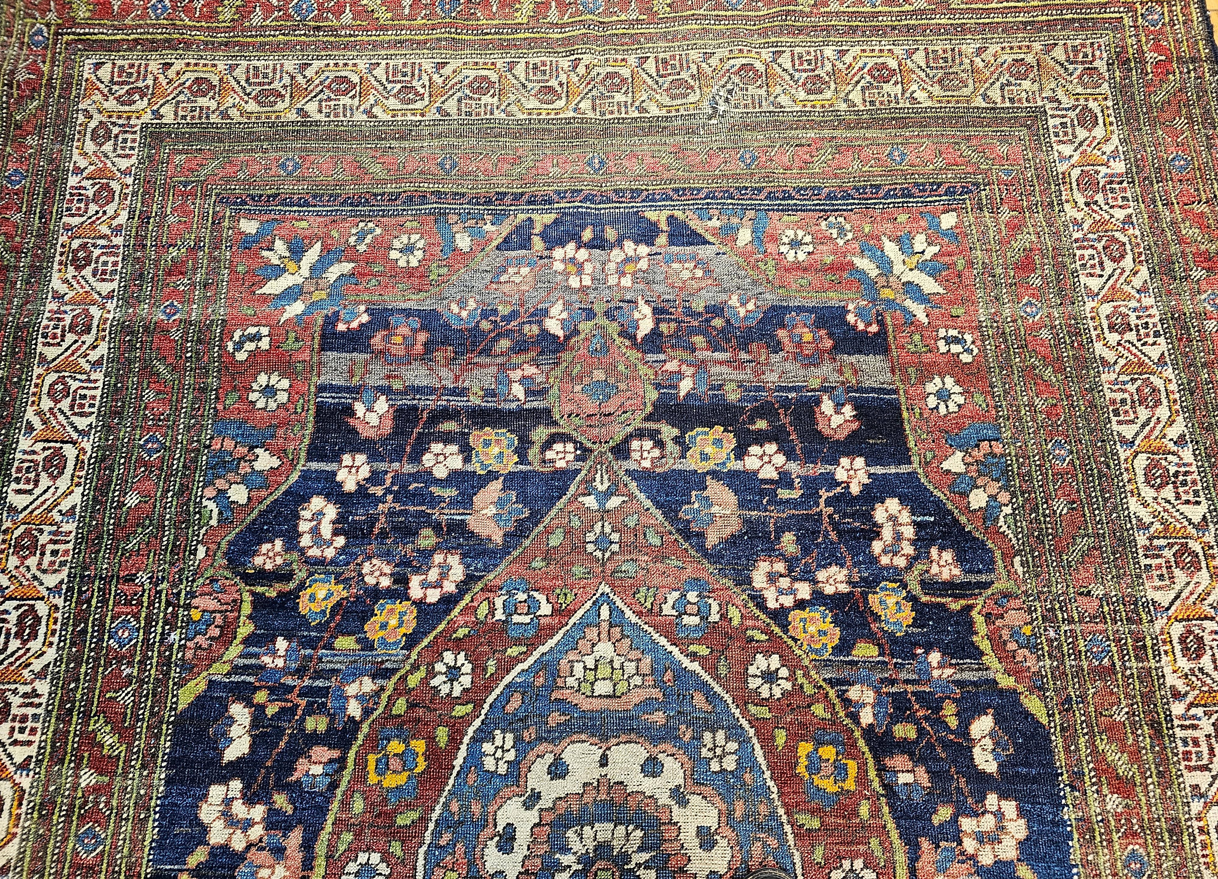 Wool 19th Century Persian Kurdish in Navy, French  Blue, Green, Yellow, Red, Pink For Sale