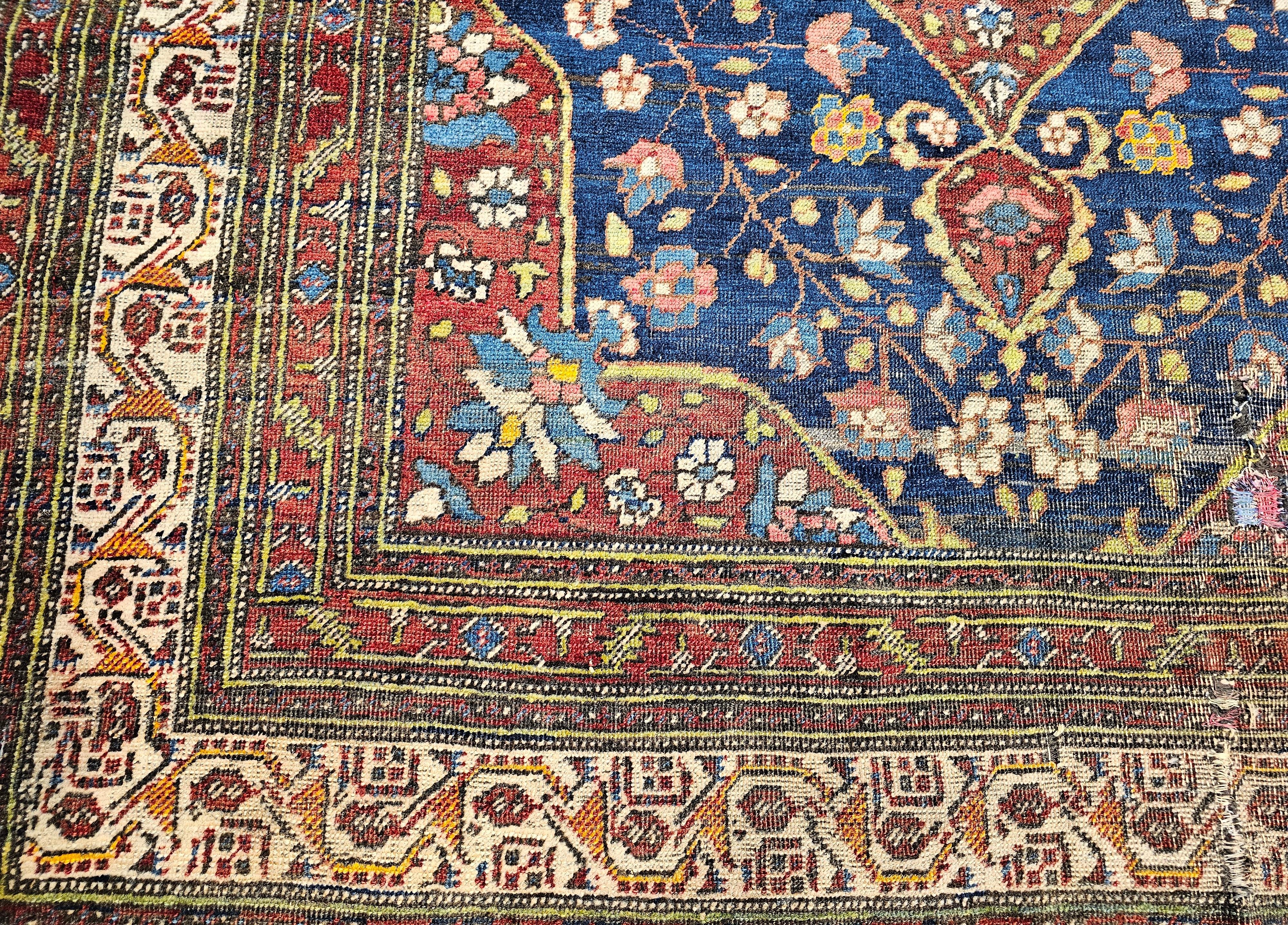 19th Century Persian Kurdish in Navy, French  Blue, Green, Yellow, Red, Pink For Sale 2