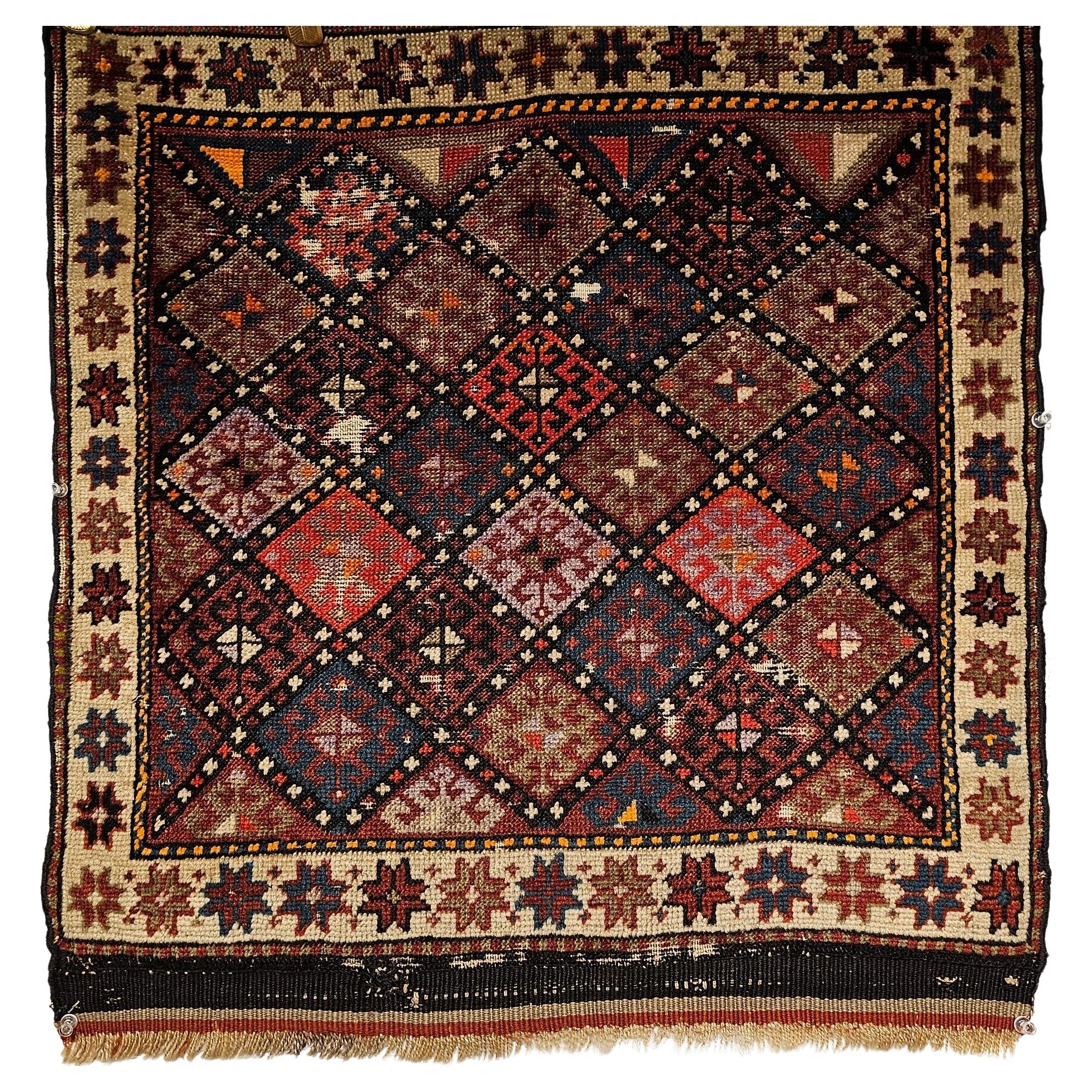 19th Century Persian Kurdish Tribal Bagface with Multicolor Geometrical Design For Sale