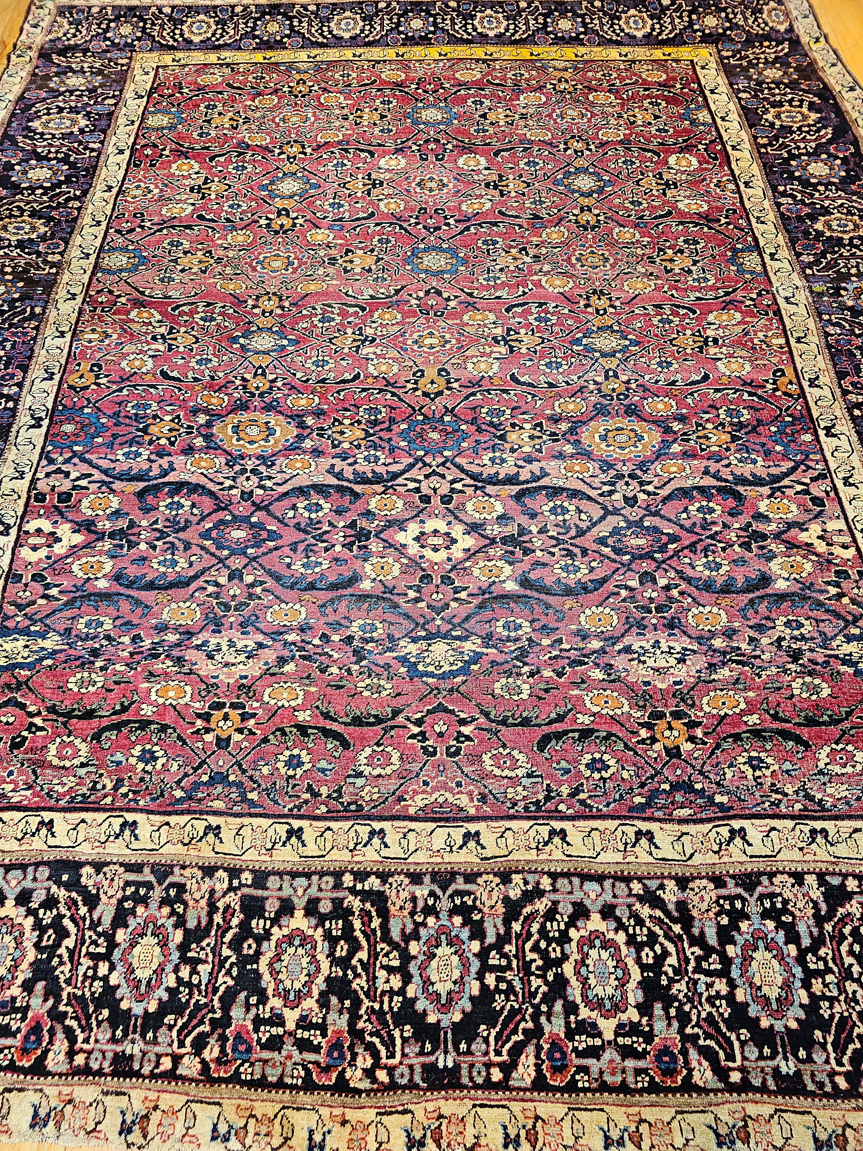 Vegetable Dyed 19th Century Persian Mahal Sultanabad in Allover Pattern in Red, Navy, Yellow For Sale