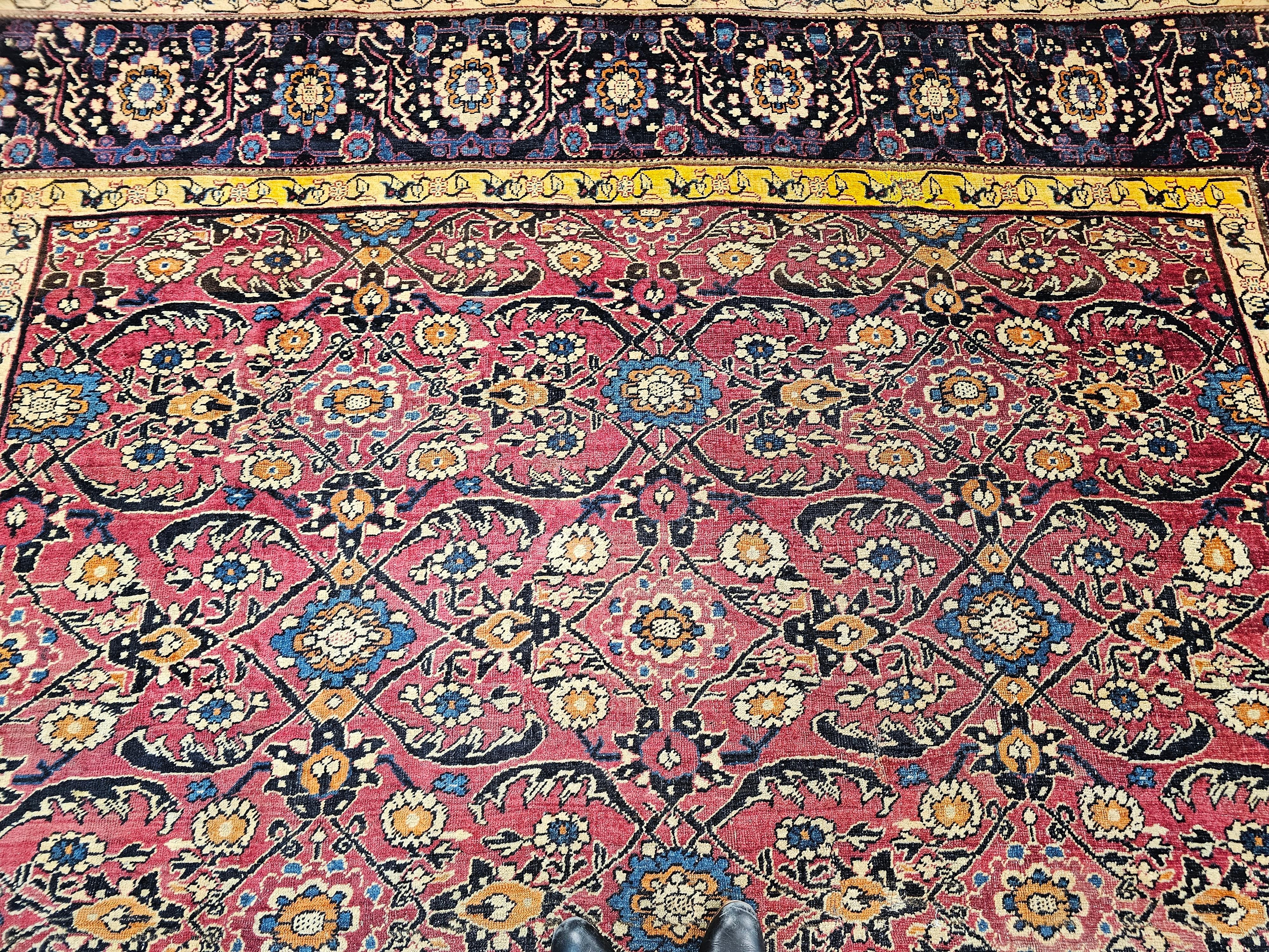 19th Century Persian Mahal Sultanabad in Allover Pattern in Red, Navy, Yellow For Sale 1
