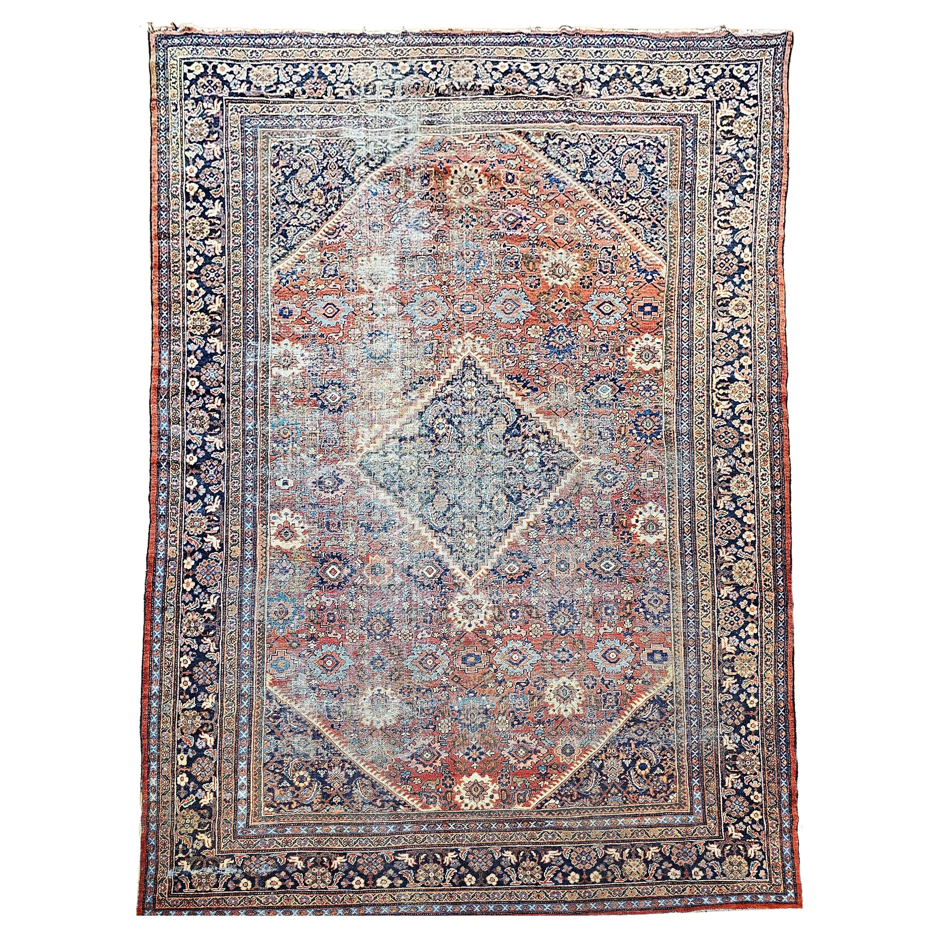 19th Century Persian Mahal Sultanabad in Geometric Pattern in Rust-Red, Blue