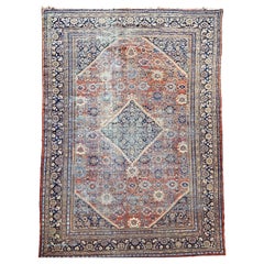 Antique 19th Century Persian Mahal Sultanabad in Geometric Pattern in Rust-Red, Blue