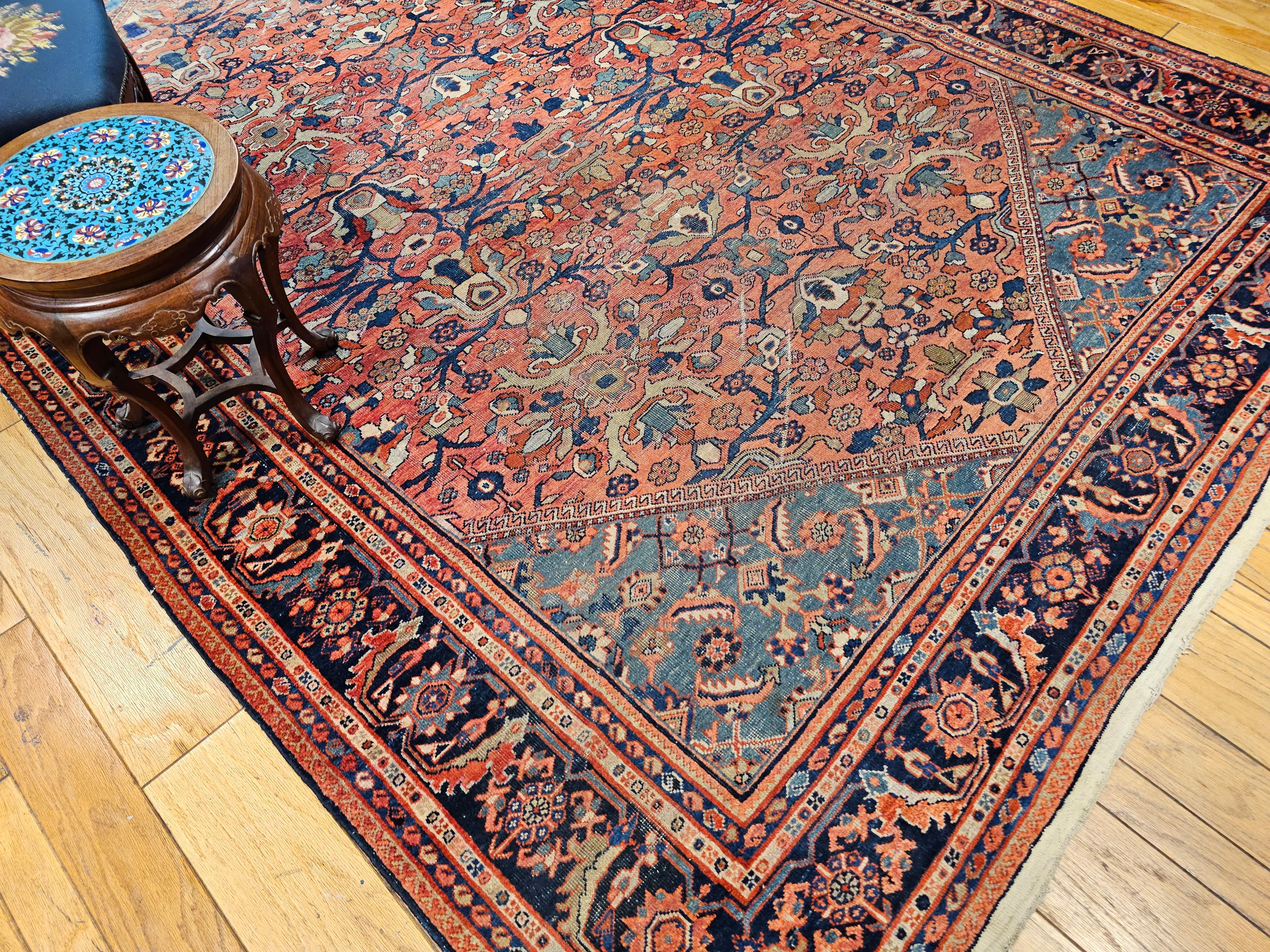 19th Century Persian Mahal Sultanabad Rug in Allover Pattern in Rust, Turquoise For Sale 9