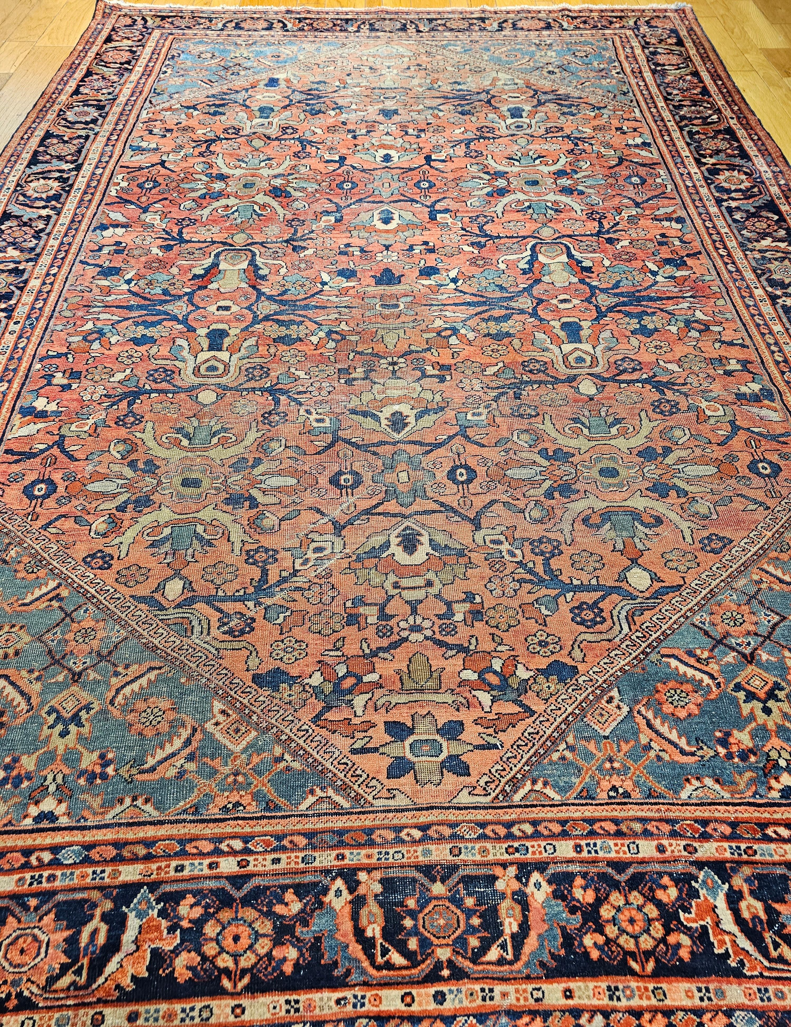 19th Century Persian Mahal Sultanabad Rug in Allover Pattern in Rust, Turquoise For Sale 14