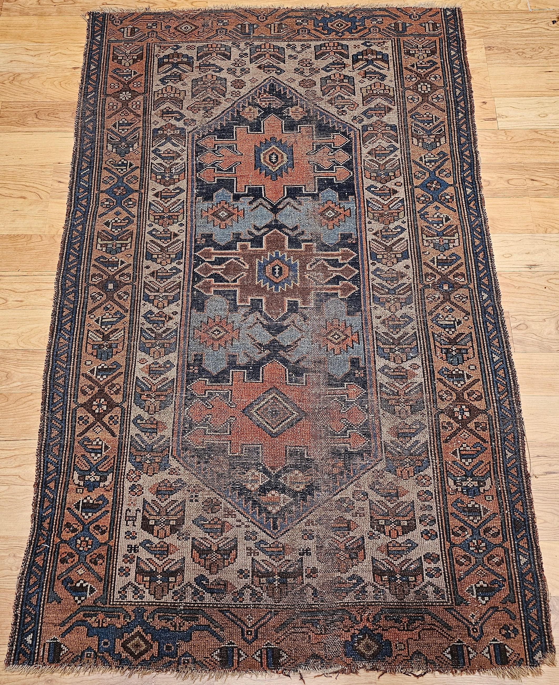 19th Century Persian Malayer in Geometric Pattern in Turquoise, Ivory, Brown For Sale 5