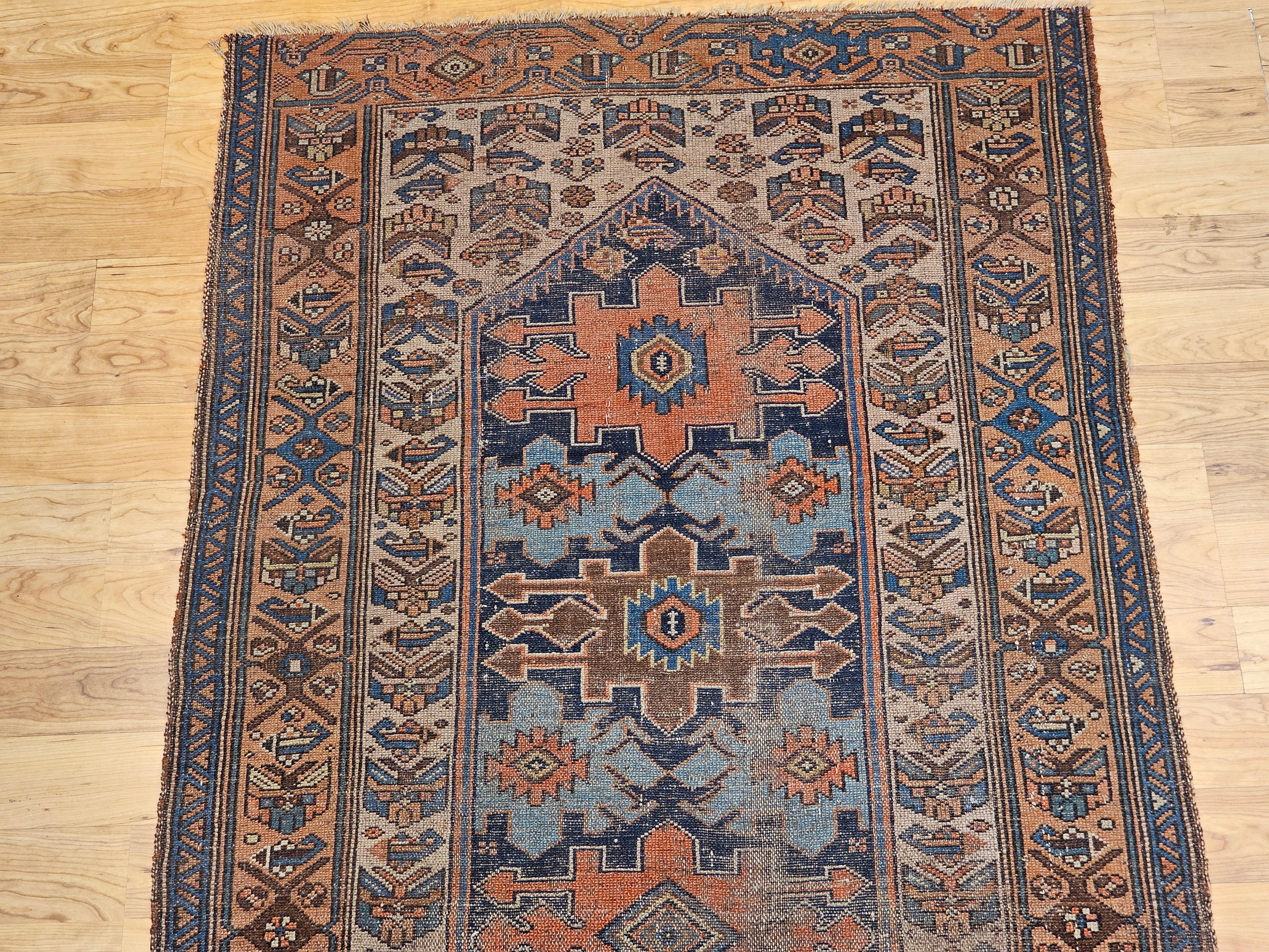 Vegetable Dyed 19th Century Persian Malayer in Geometric Pattern in Turquoise, Ivory, Brown For Sale