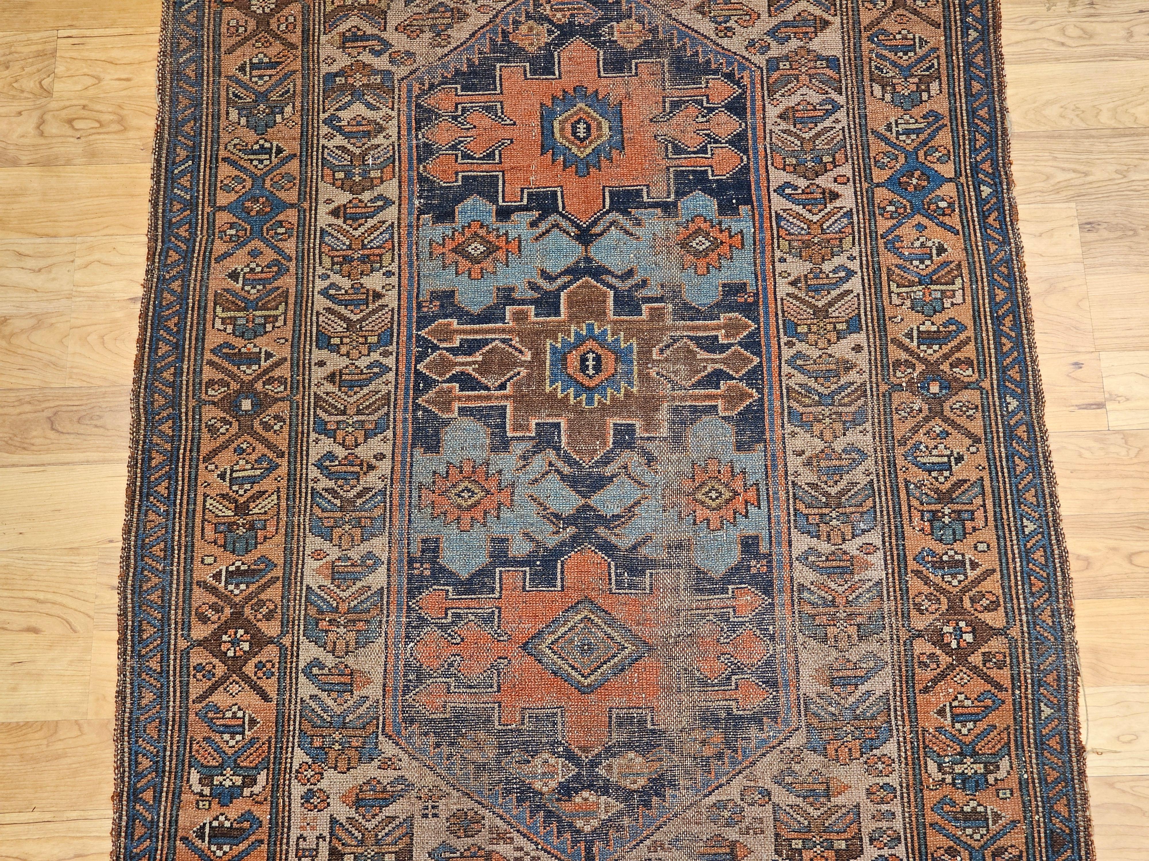 19th Century Persian Malayer in Geometric Pattern in Turquoise, Ivory, Brown In Good Condition For Sale In Barrington, IL
