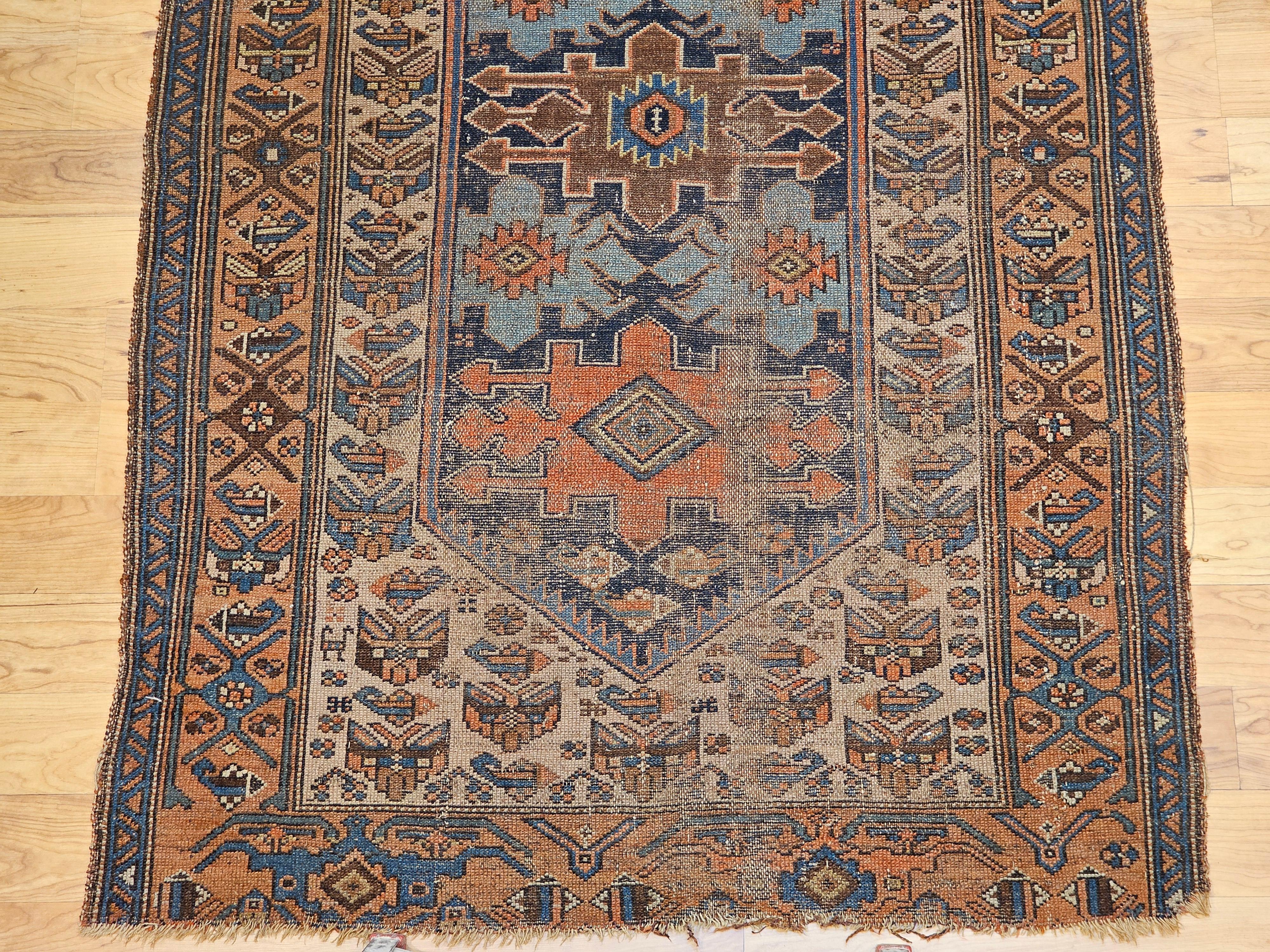 Wool 19th Century Persian Malayer in Geometric Pattern in Turquoise, Ivory, Brown For Sale