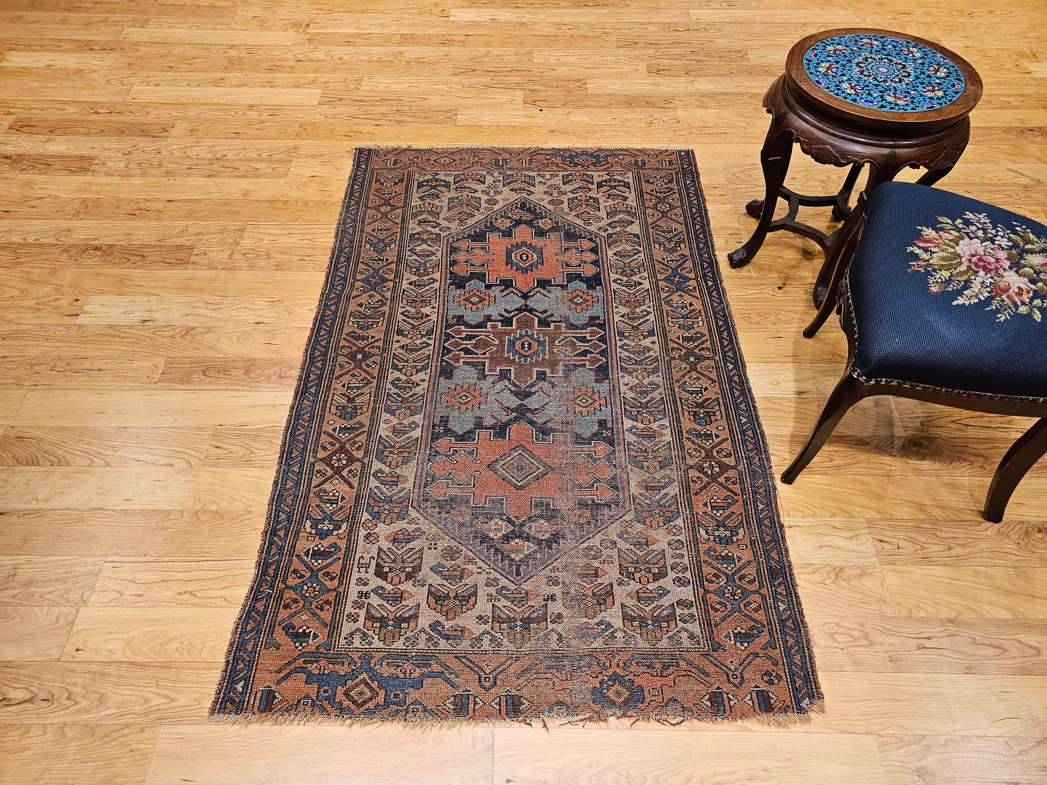 19th Century Persian Malayer in Geometric Pattern in Turquoise, Ivory, Brown For Sale 2