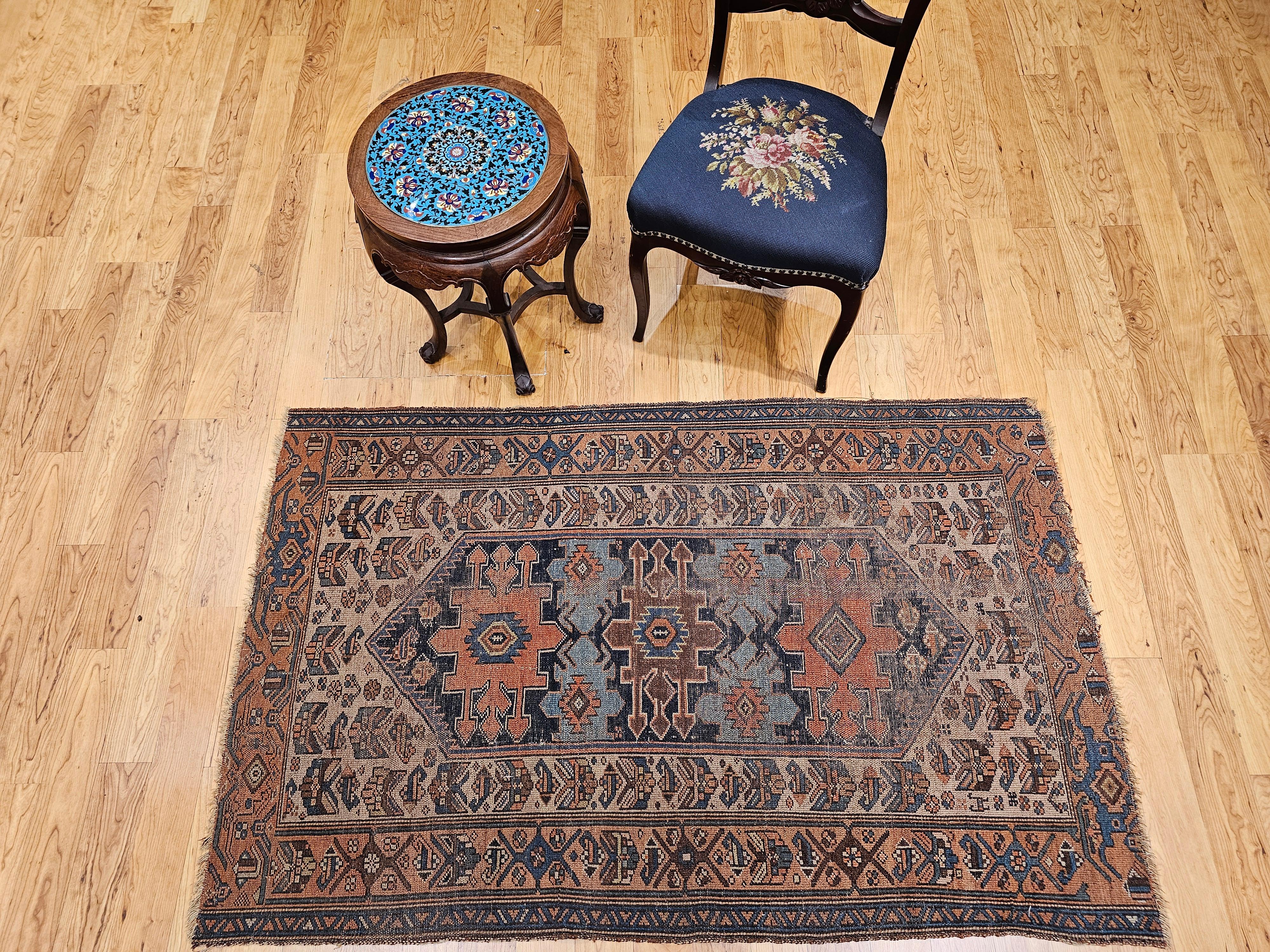 19th Century Persian Malayer in Geometric Pattern in Turquoise, Ivory, Brown For Sale 4