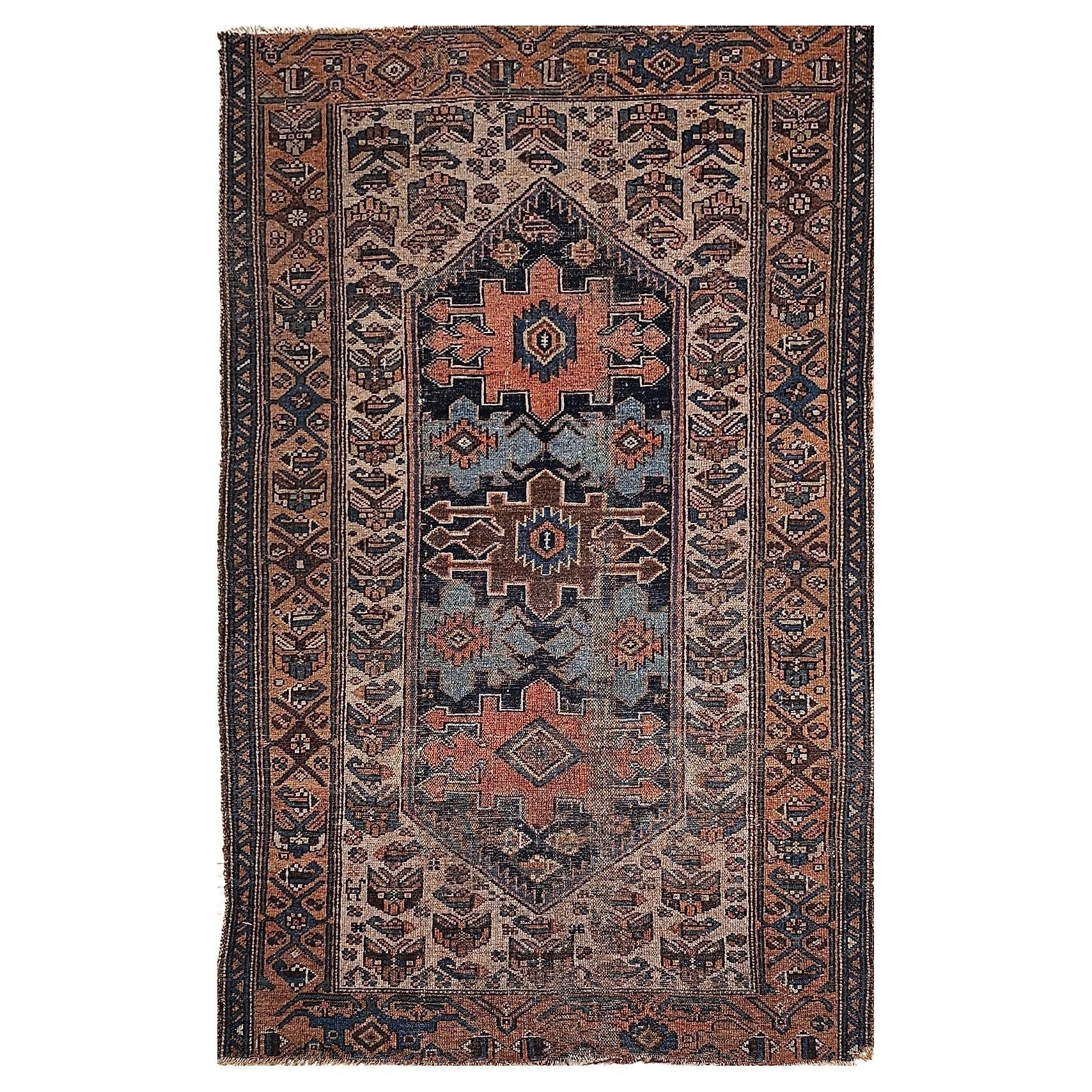 19th Century Persian Malayer in Geometric Pattern in Turquoise, Ivory, Brown For Sale