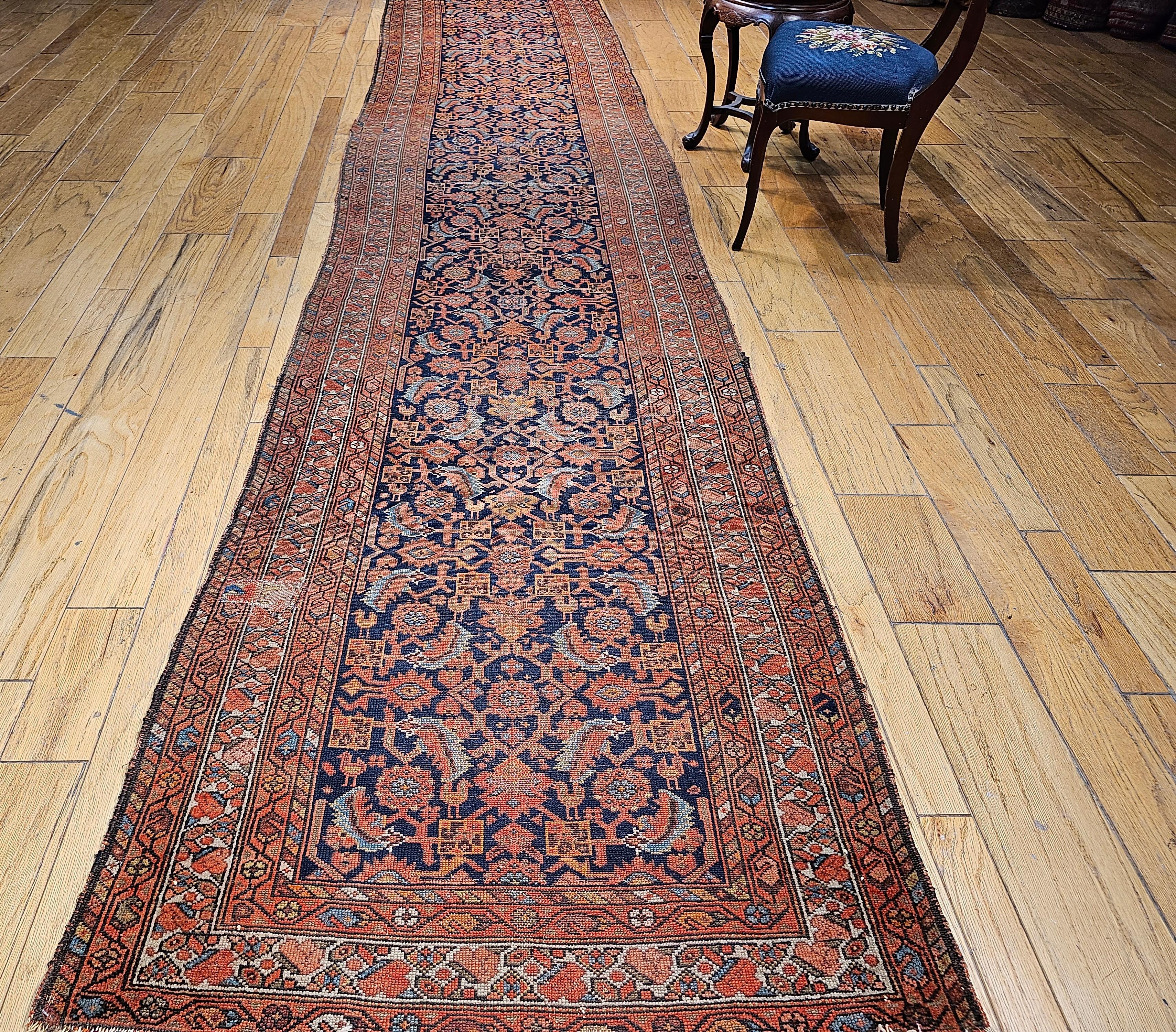 19th Century Persian Malayer Runner In Allover Geometric Pattern in Rust, Blue For Sale 5