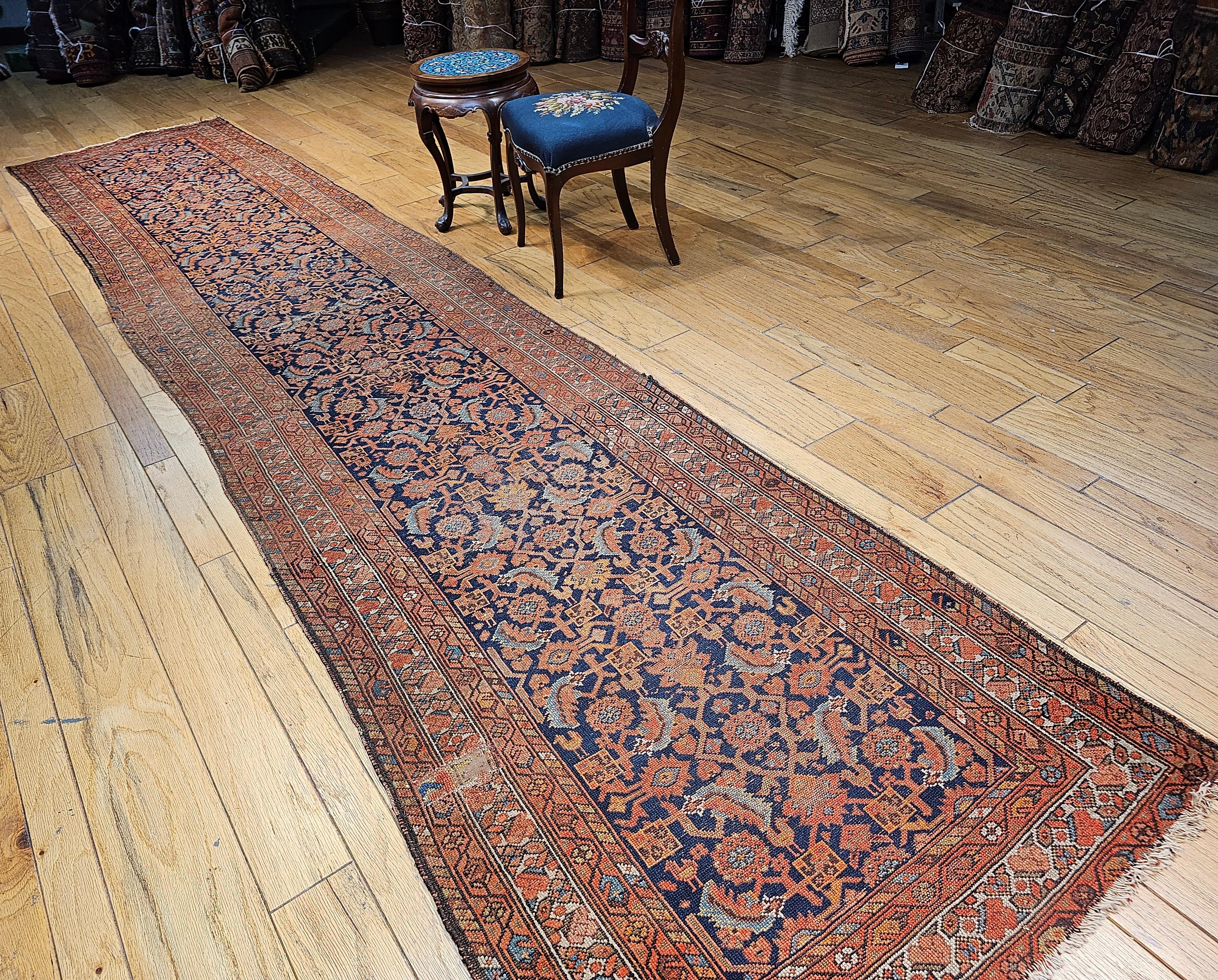 19th Century Persian Malayer Runner In Allover Geometric Pattern in Rust, Blue For Sale 6