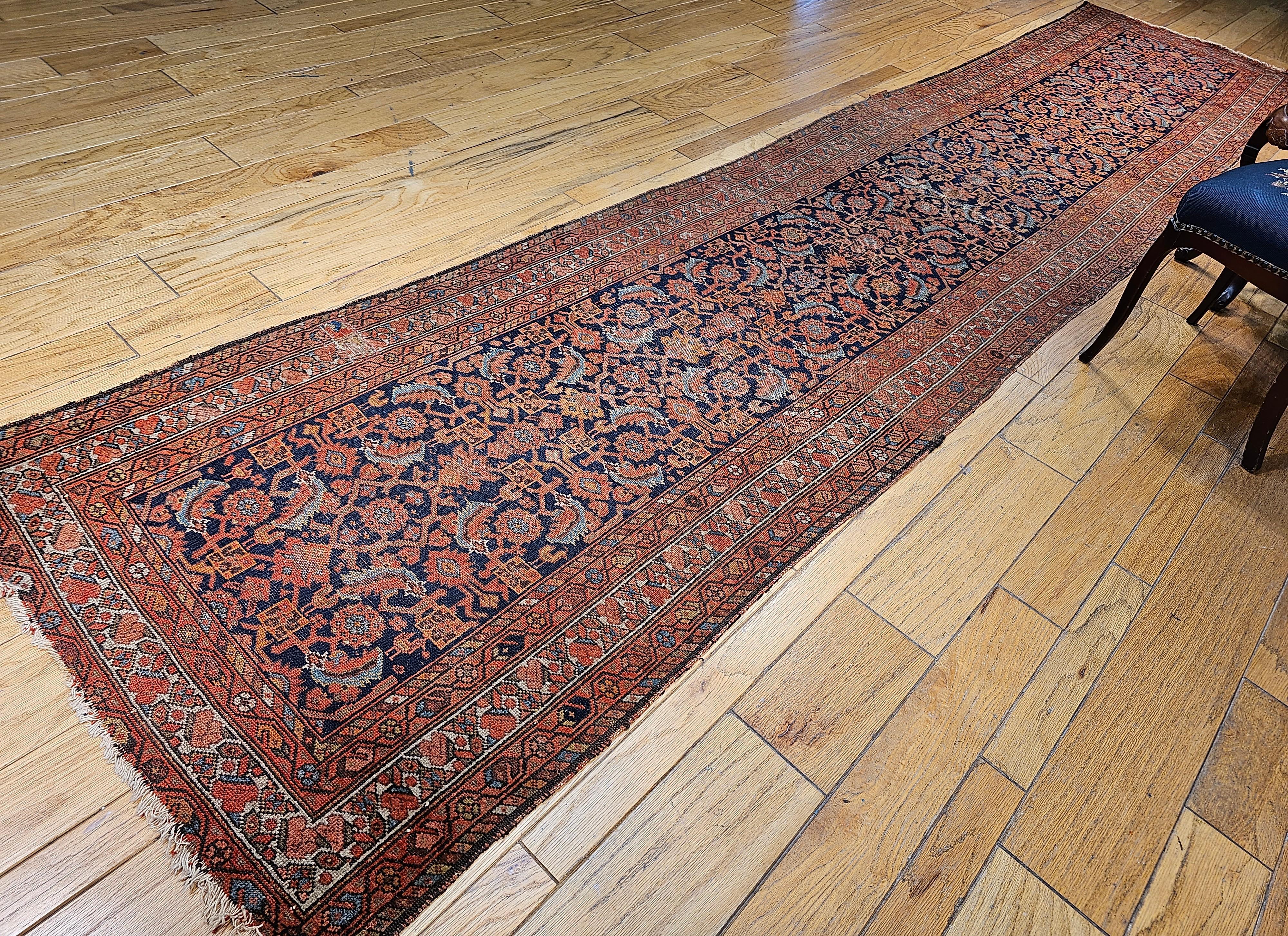 19th Century Persian Malayer Runner In Allover Geometric Pattern in Rust, Blue For Sale 7