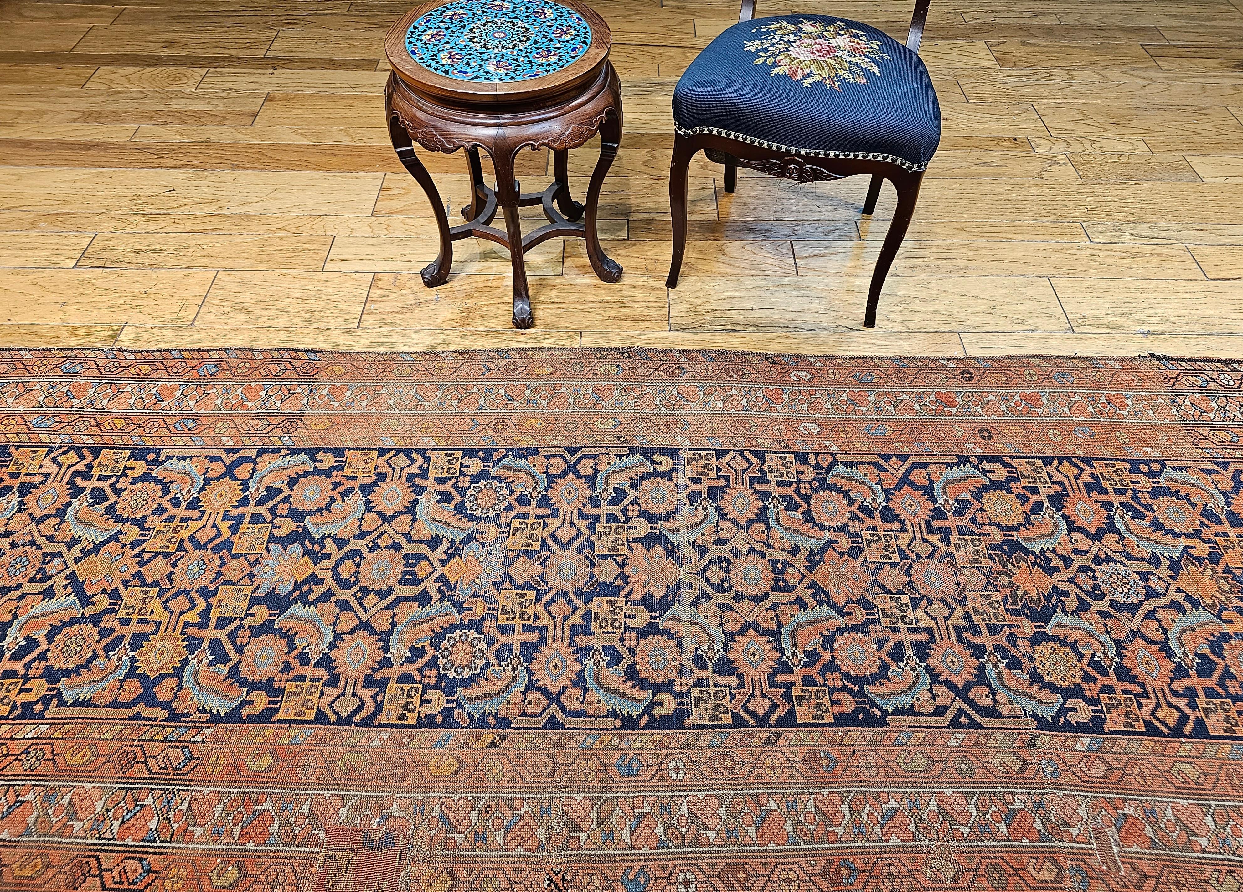 19th Century Persian Malayer Runner In Allover Geometric Pattern in Rust, Blue For Sale 8