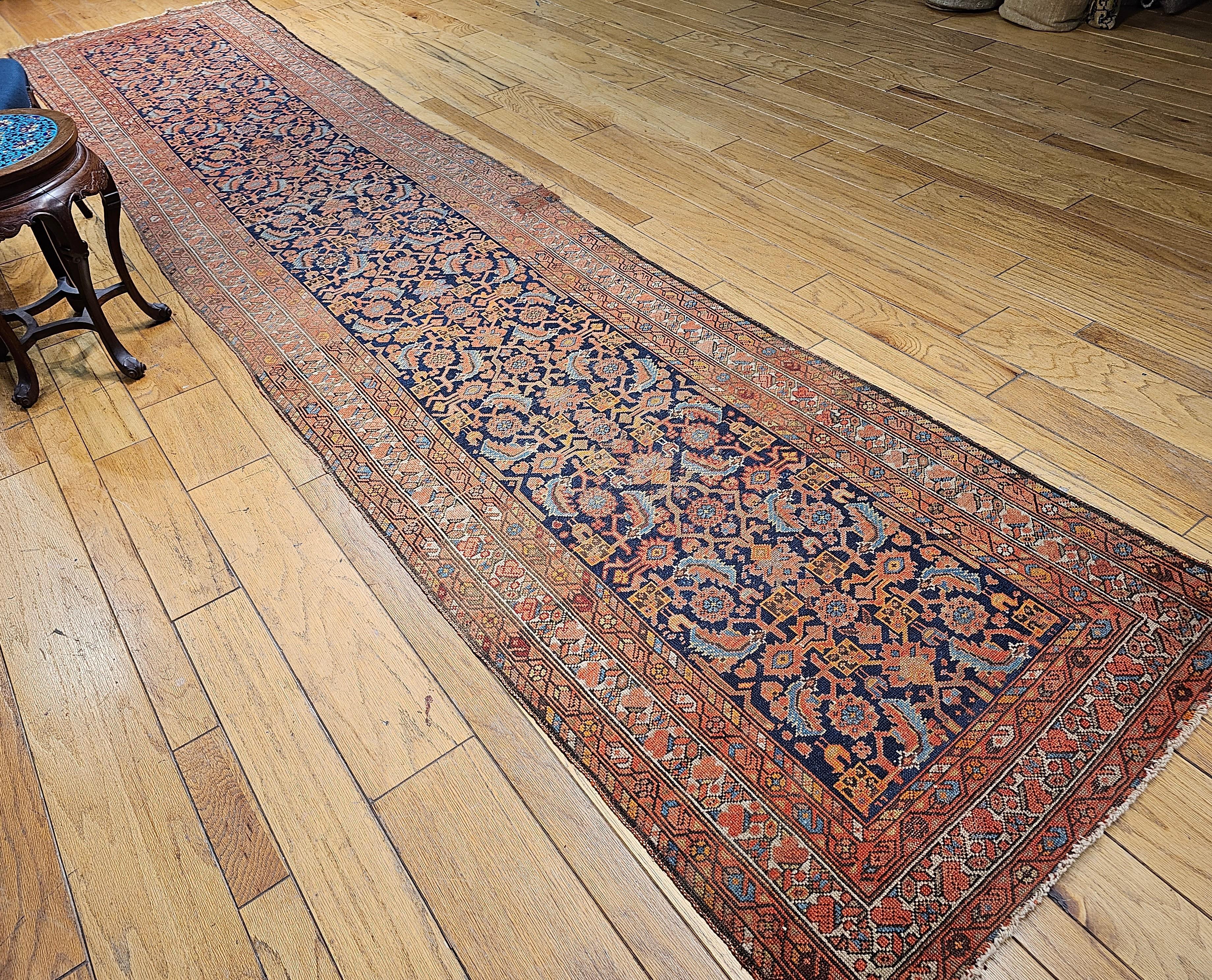 19th Century Persian Malayer Runner In Allover Geometric Pattern in Rust, Blue For Sale 9
