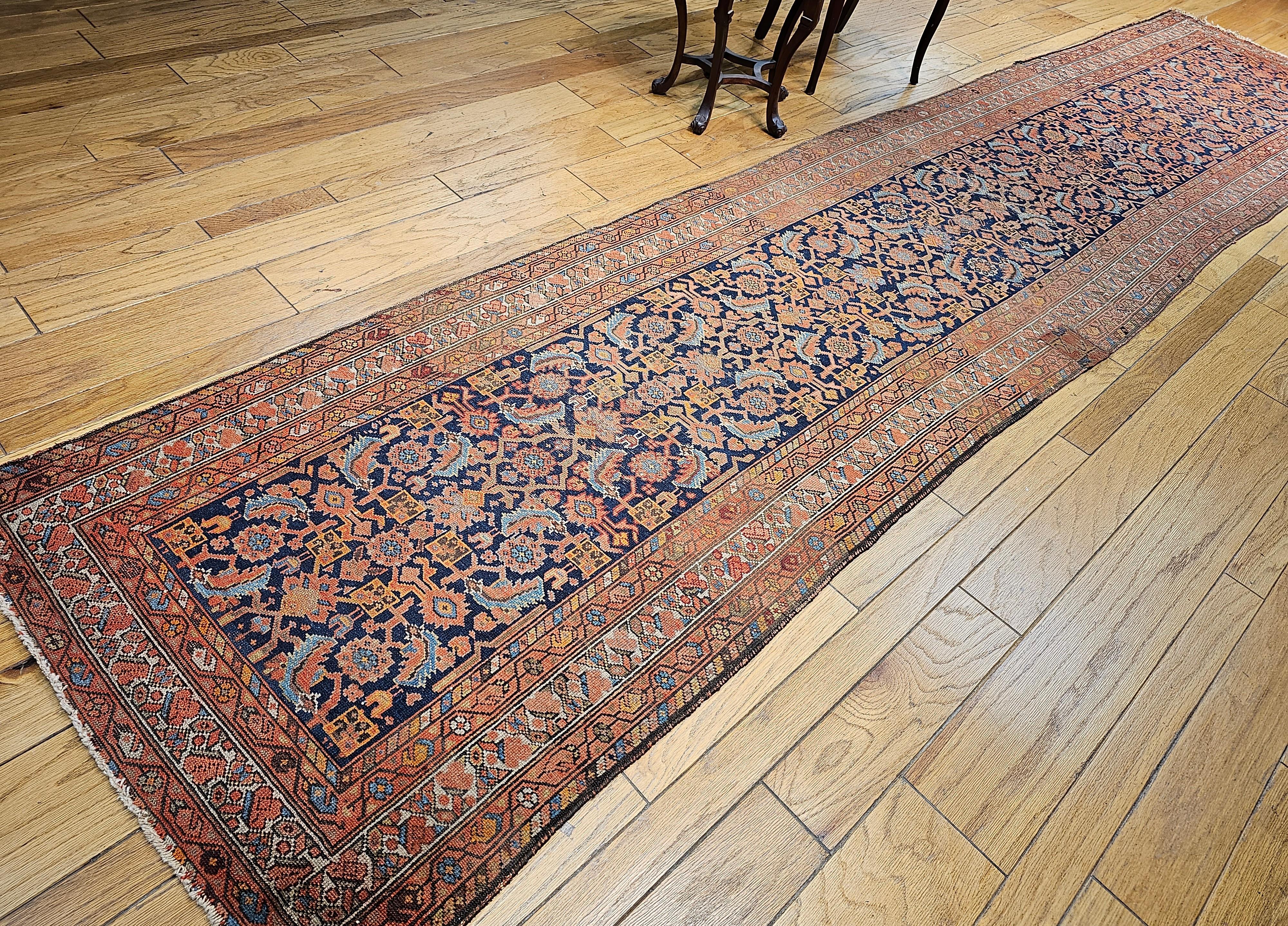 19th Century Persian Malayer Runner In Allover Geometric Pattern in Rust, Blue For Sale 10