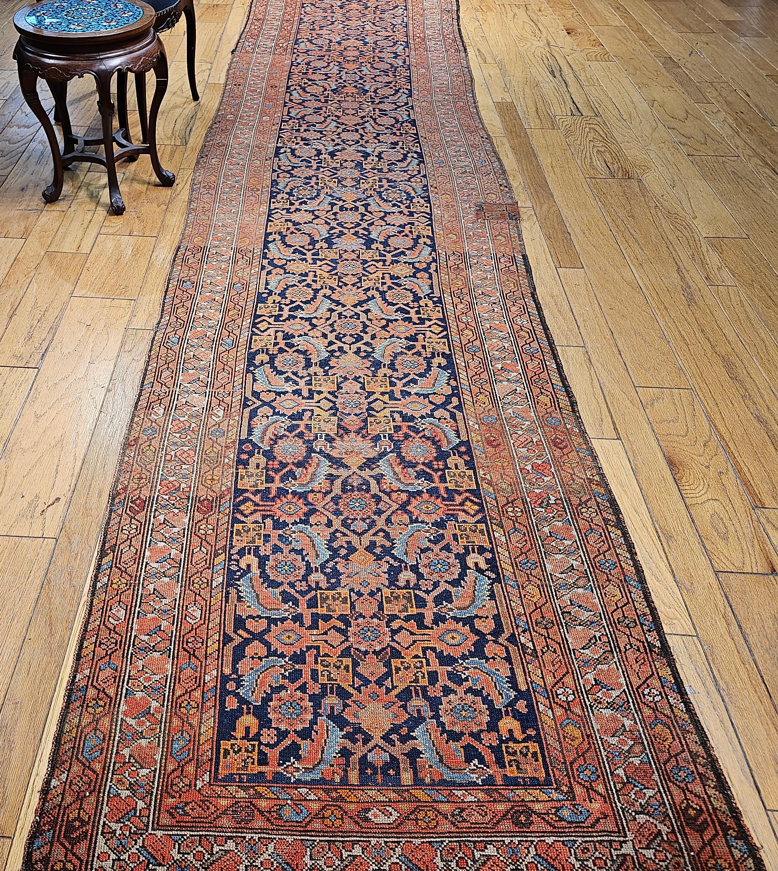 19th Century Persian Malayer Runner In Allover Geometric Pattern in Rust, Blue For Sale 11
