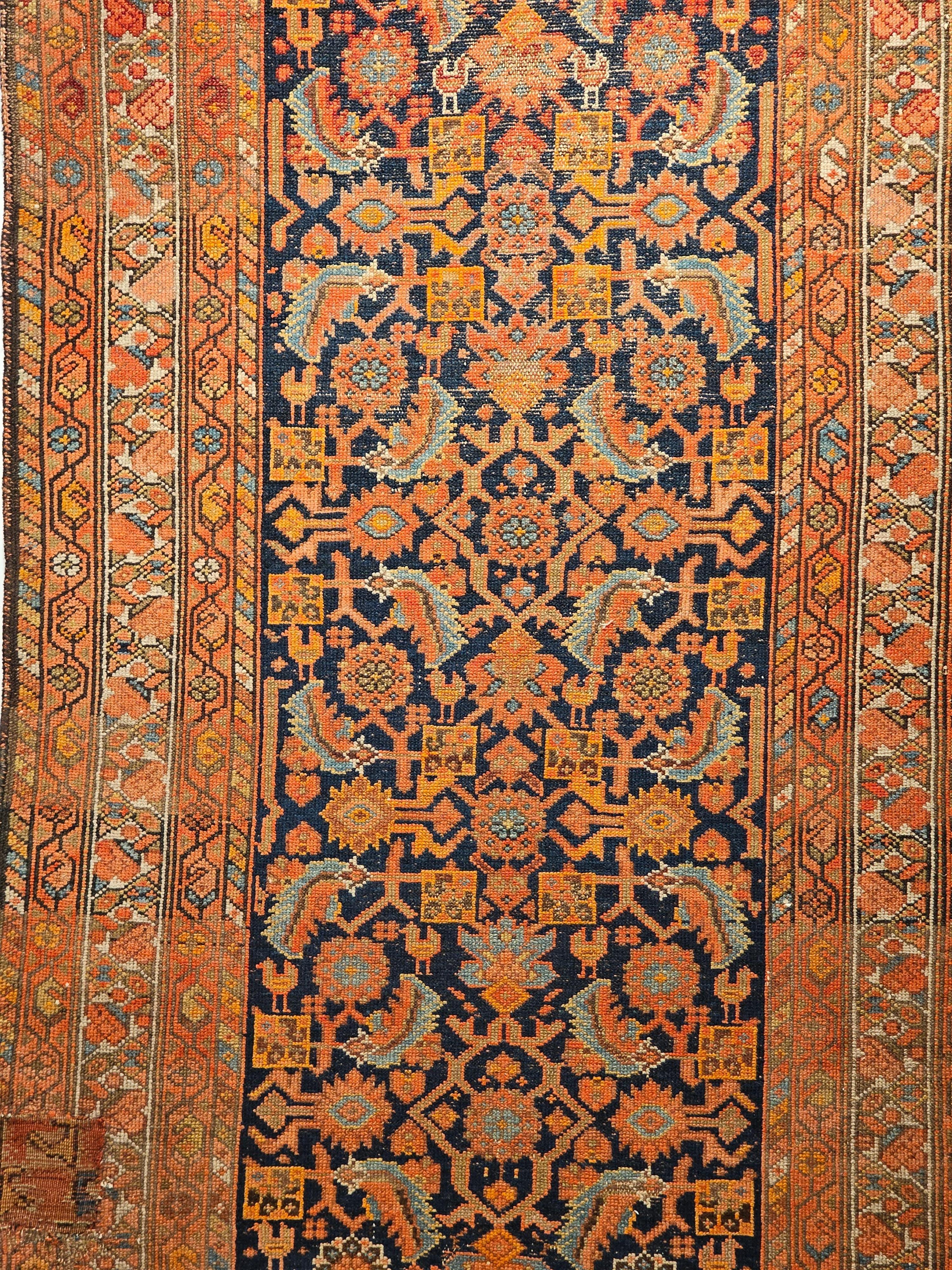 Vegetable Dyed 19th Century Persian Malayer Runner In Allover Geometric Pattern in Rust, Blue For Sale