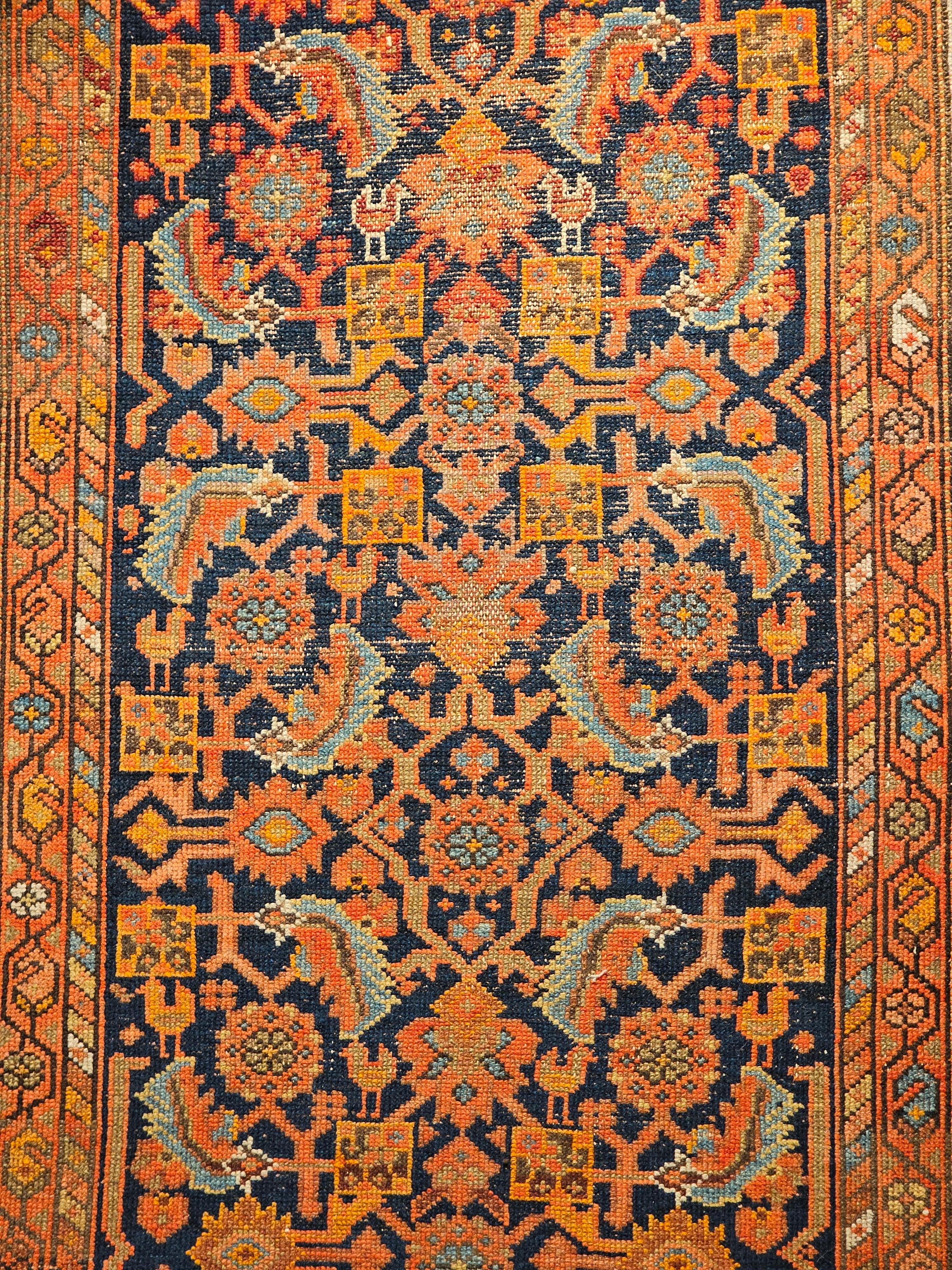 19th Century Persian Malayer Runner In Allover Geometric Pattern in Rust, Blue In Good Condition For Sale In Barrington, IL