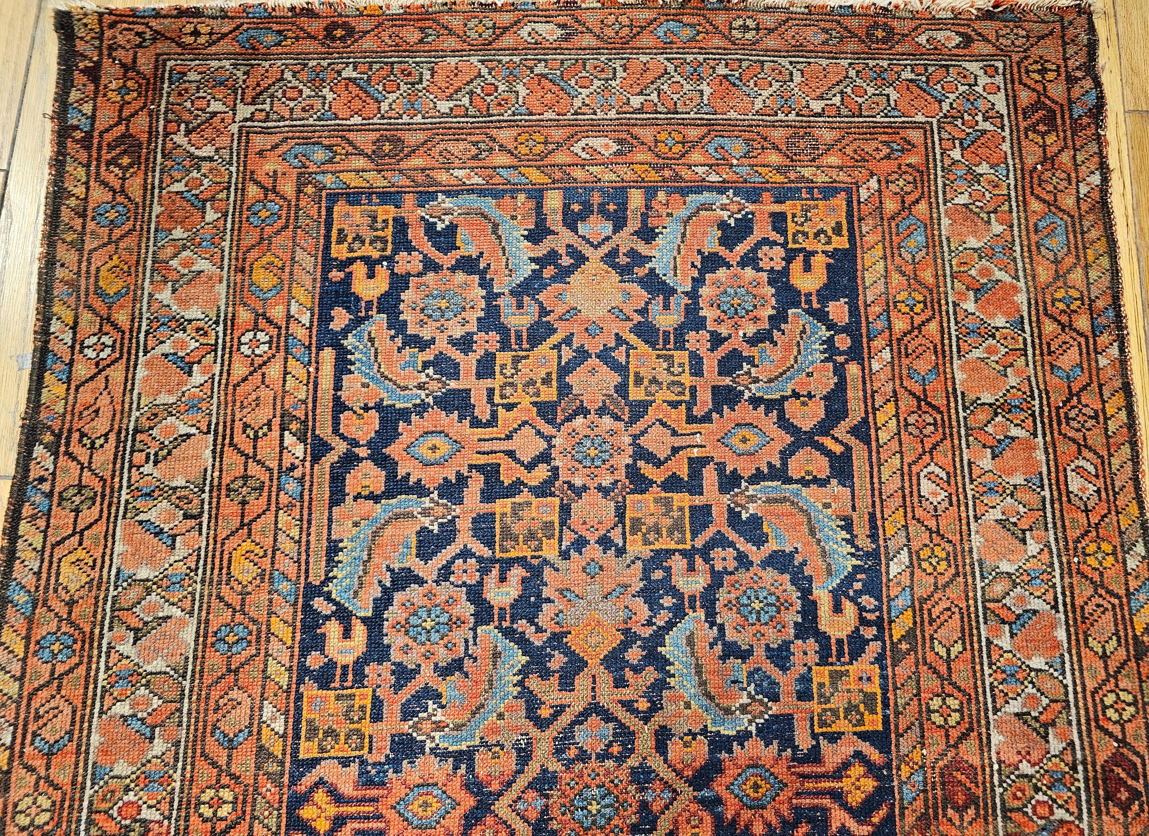 Wool 19th Century Persian Malayer Runner In Allover Geometric Pattern in Rust, Blue For Sale