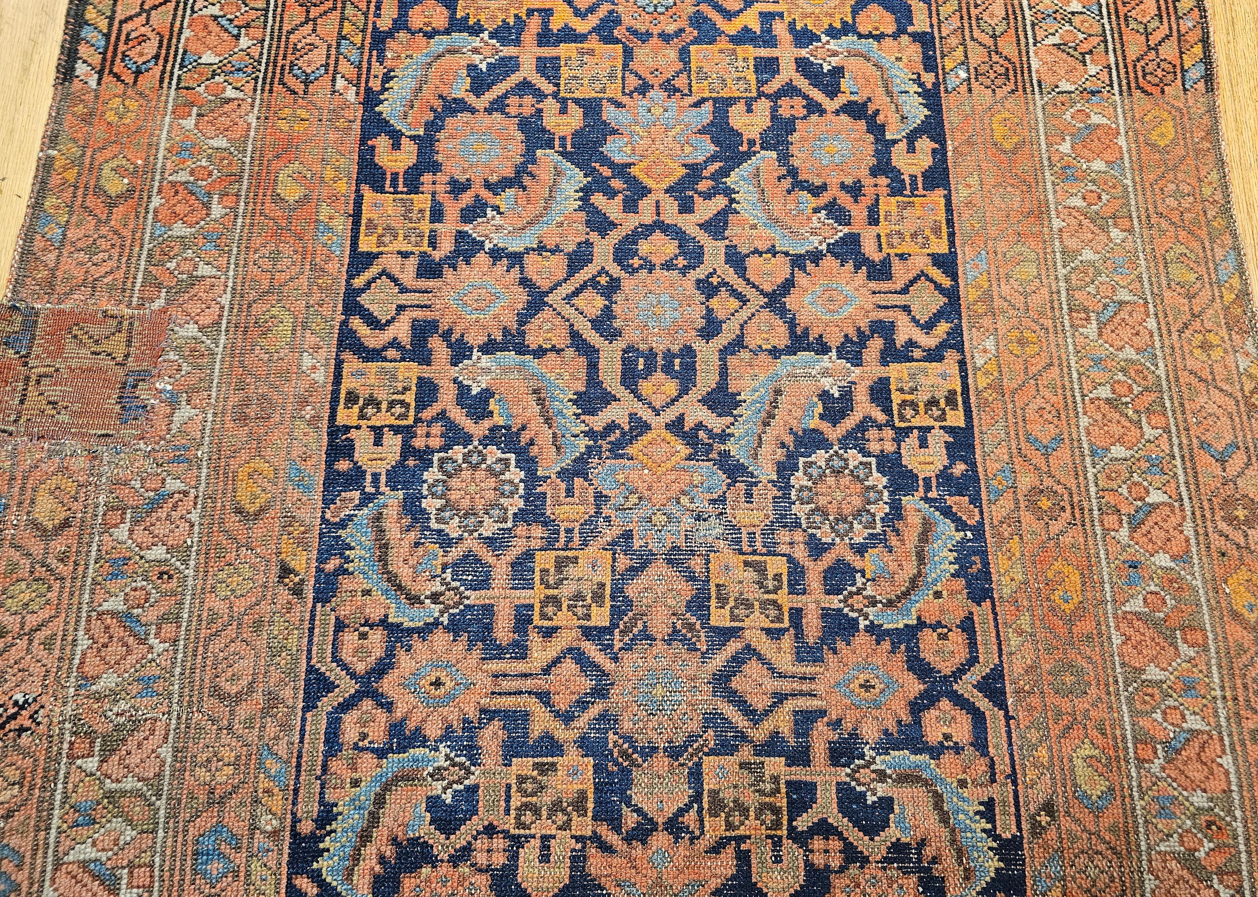 19th Century Persian Malayer Runner In Allover Geometric Pattern in Rust, Blue For Sale 1