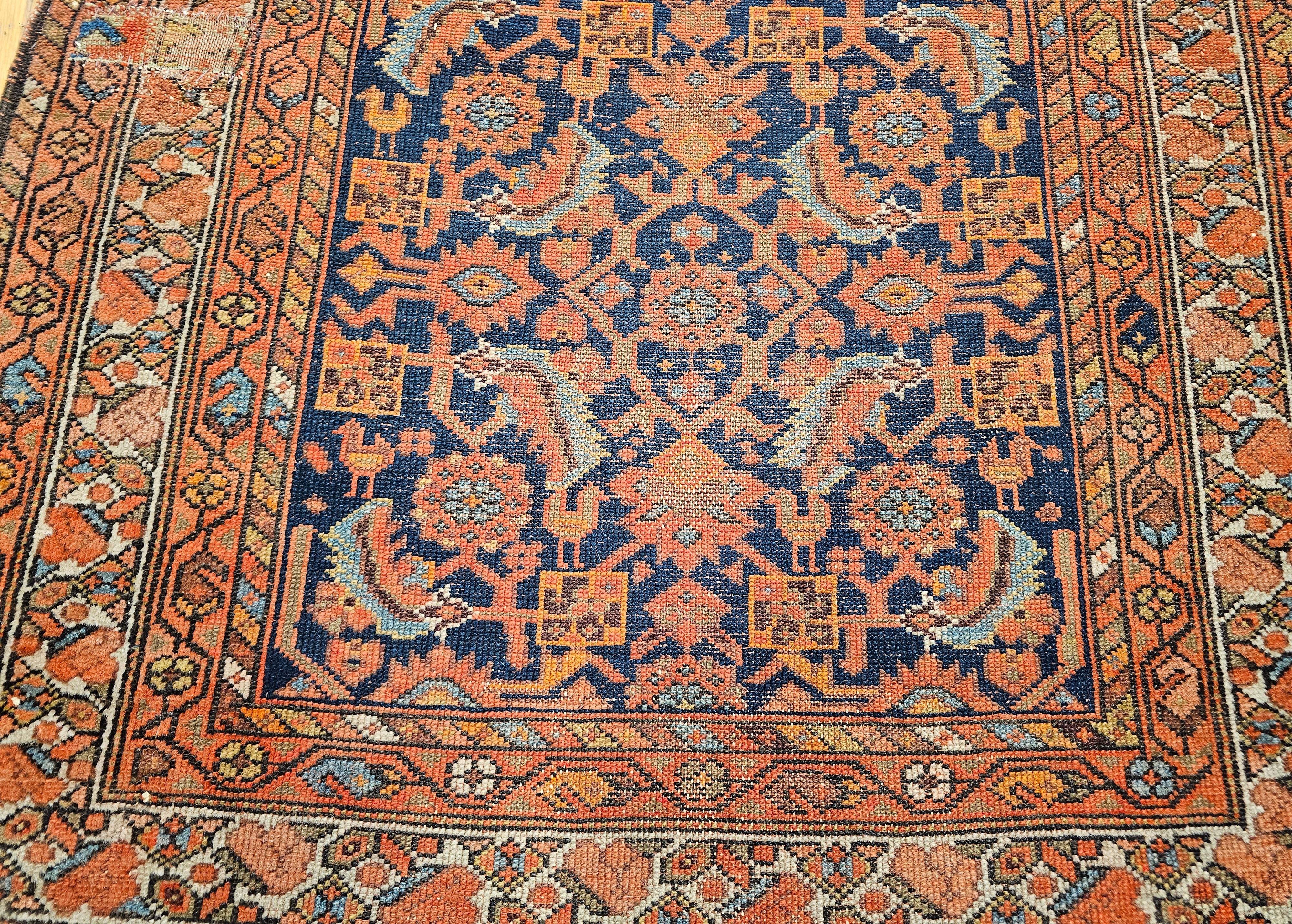 19th Century Persian Malayer Runner In Allover Geometric Pattern in Rust, Blue For Sale 2