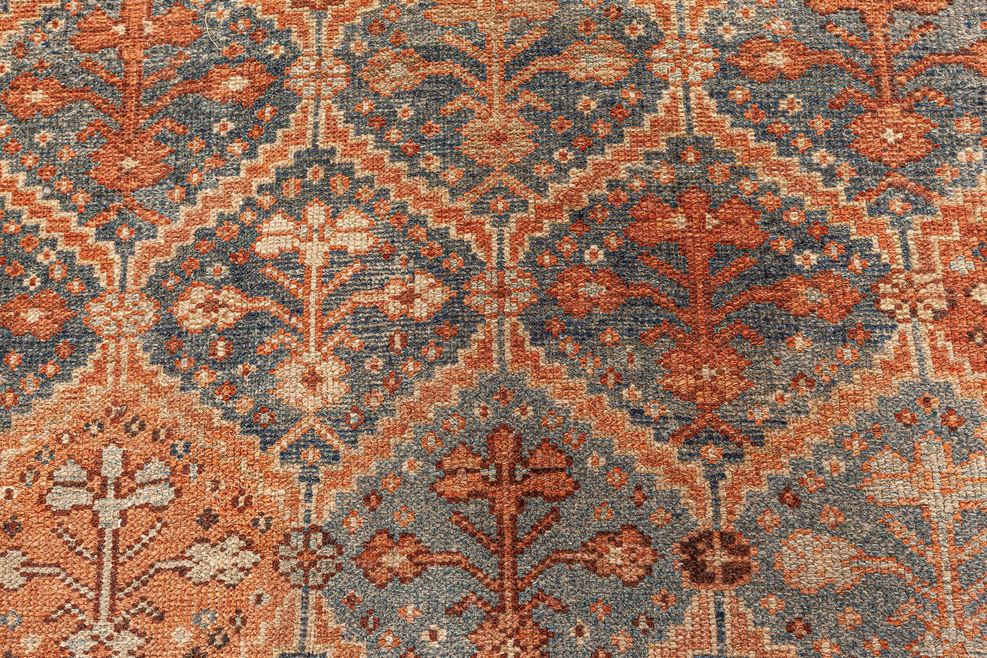 19th century Persian Malayer orange, rust, brown and cool blue-grey hand-knotted wool runner
Size: 11'1
