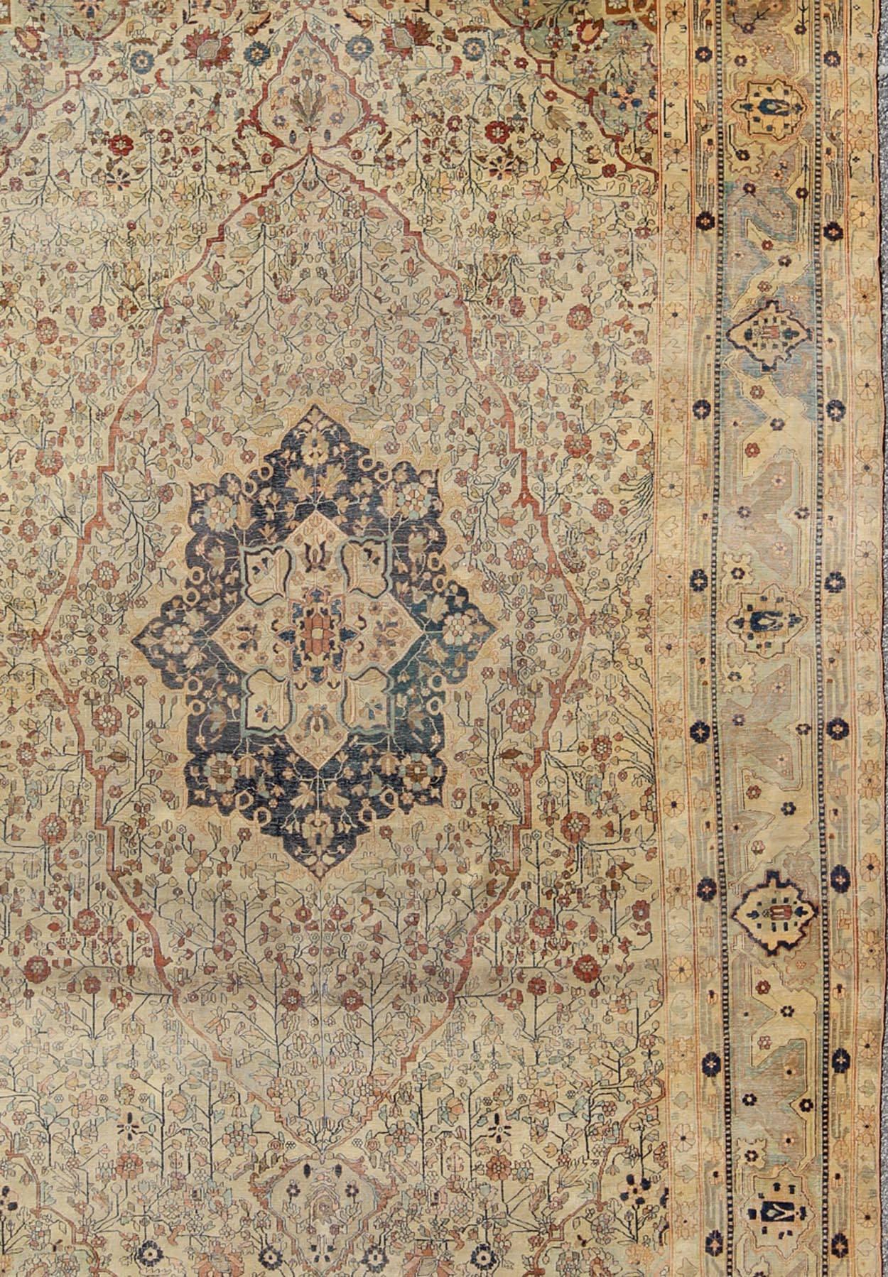 Hand-Knotted 19th Century Persian Mohtesham Kashan Rug in Cream and Light blue, light Green