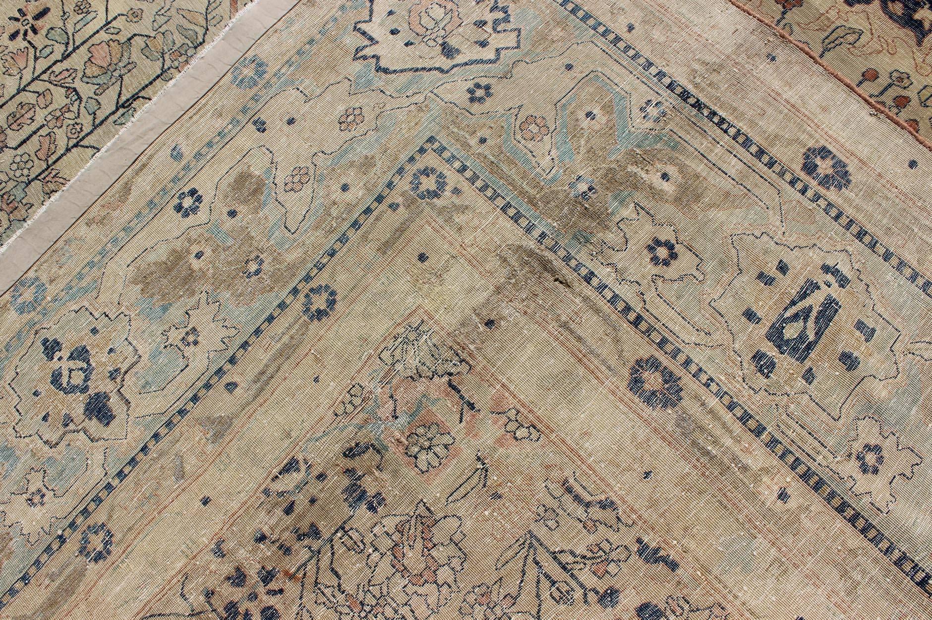 Wool 19th Century Persian Mohtesham Kashan Rug in Cream and Light blue, light Green