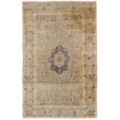 Antique 19th Century Persian Mohtesham Kashan Rug in Cream and Light blue, light Green